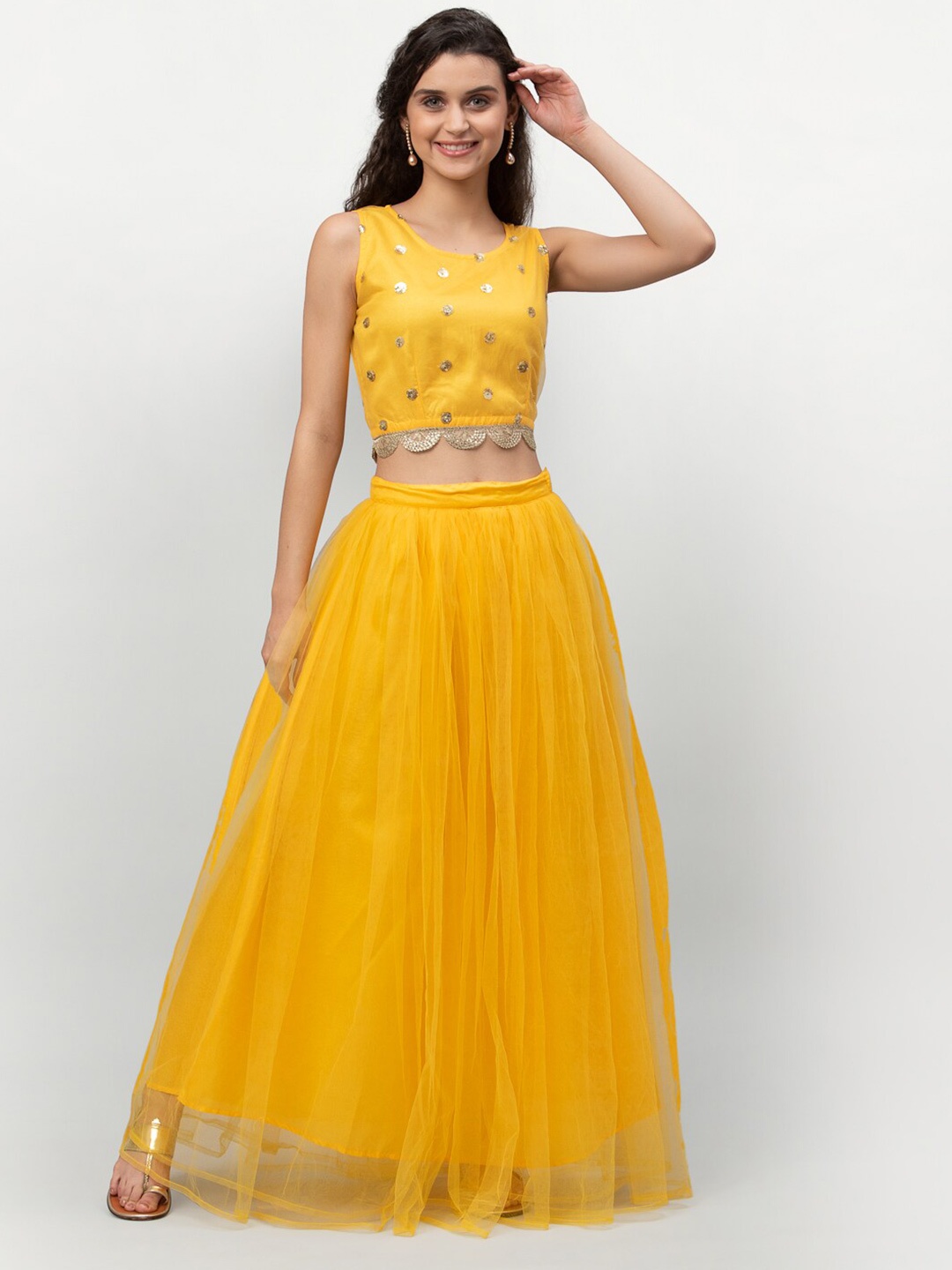 

studio rasa Women Yellow & Gold-Toned Embroidered Sequinned Ready to Wear Lehenga &