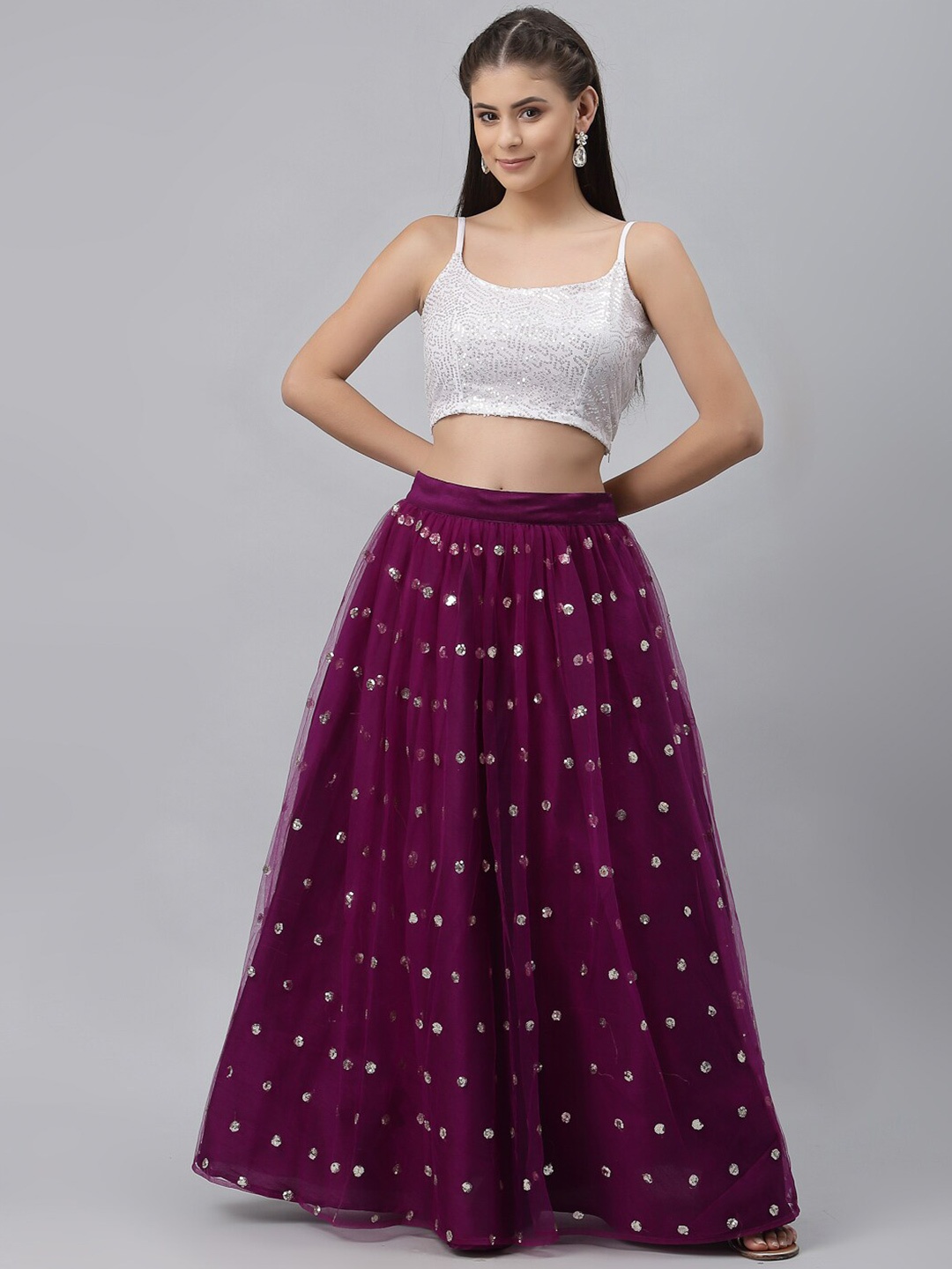 

studio rasa Purple & Silver-Toned Embroidered Sequinned Ready to Wear Lehenga &