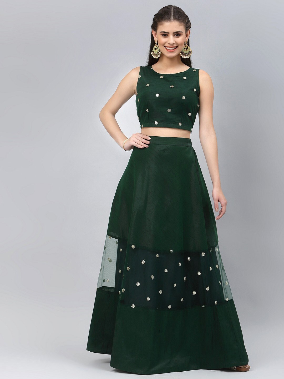 

studio rasa Women Green & Gold-Toned Sequined Ready to Wear Lehenga & Choli