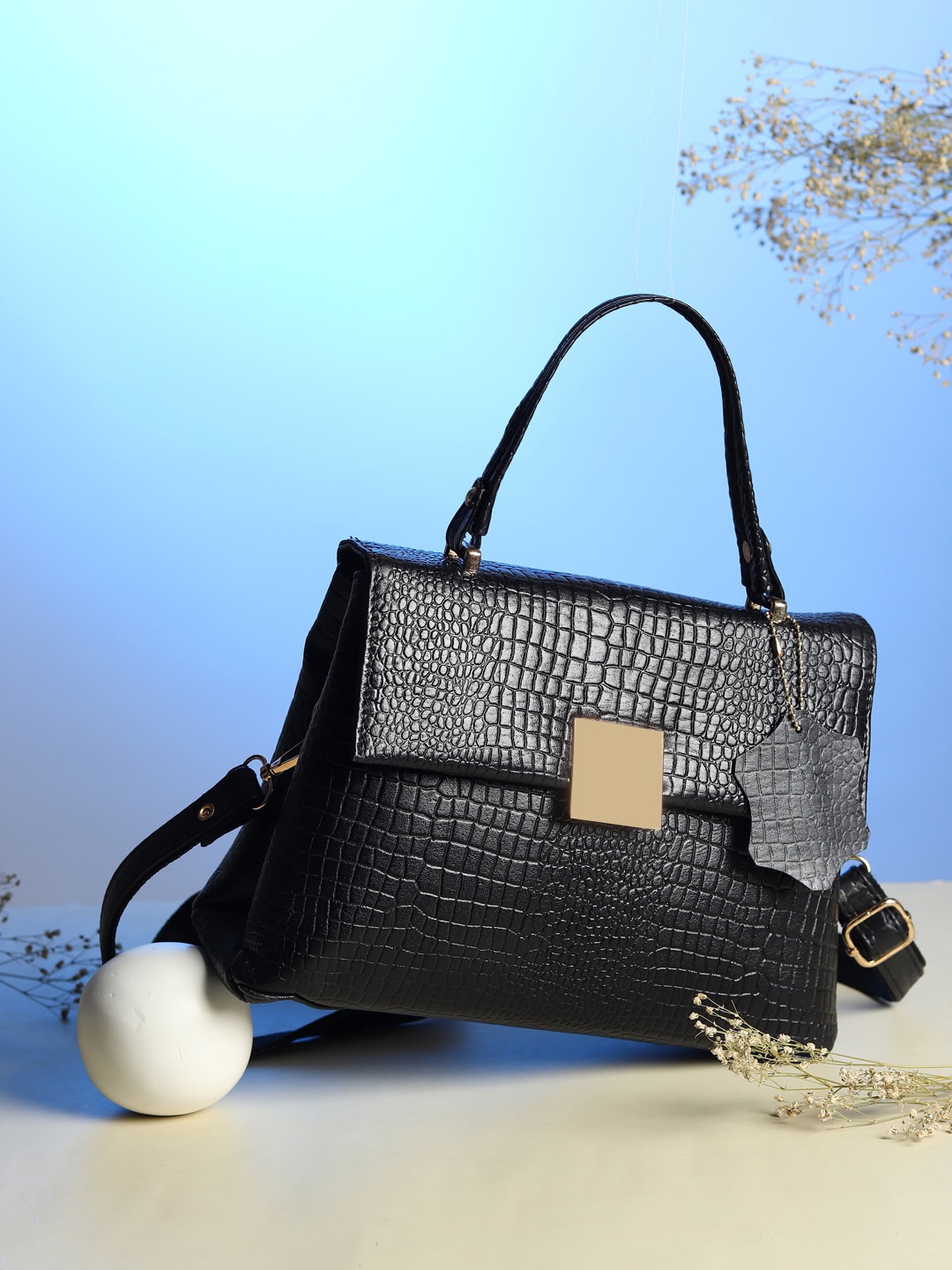 

AMYENCE Women Black Textured Leather Structured Handheld Bag