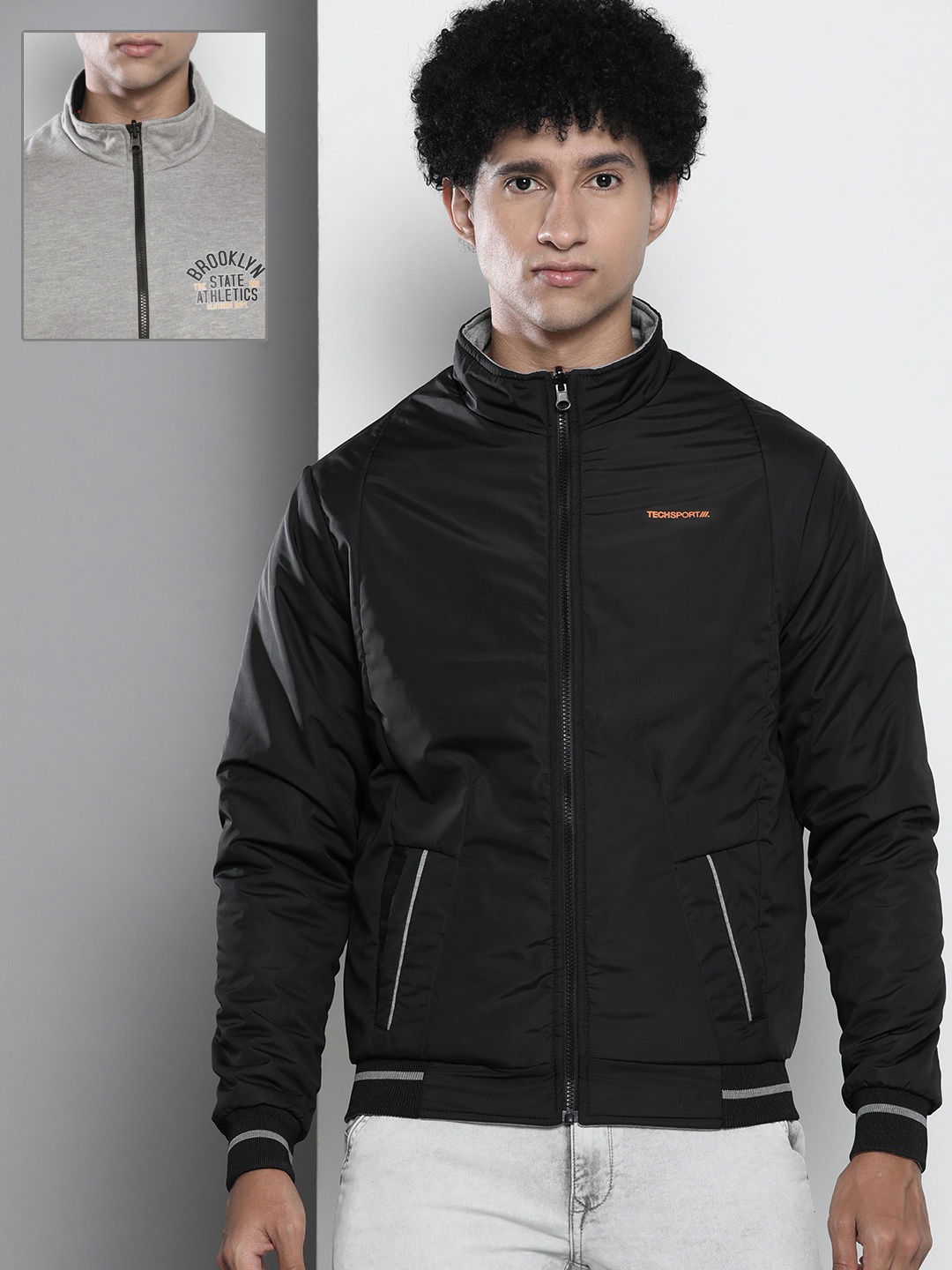 

The Indian Garage Co Men Black & Grey Bomber Reversible Jacket