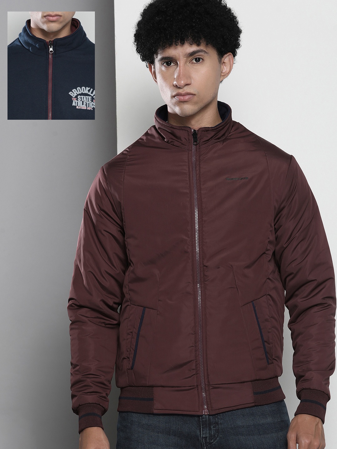 

The Indian Garage Co Men Coffee Brown & Navy Blue Reversible Bomber Jacket