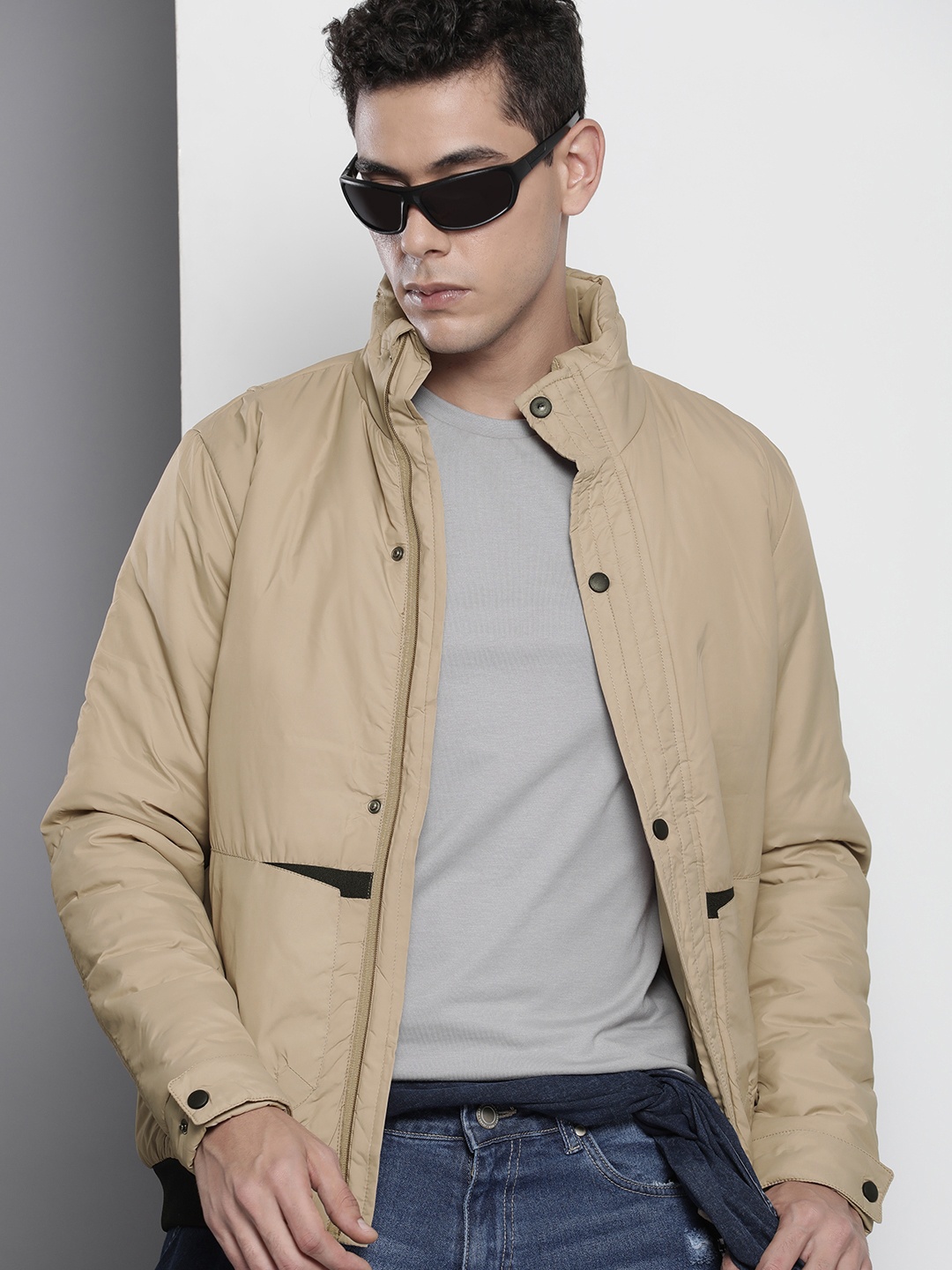 

The Indian Garage Co Men Zip-Front Bomber Jacket with Zip Pockets, Beige