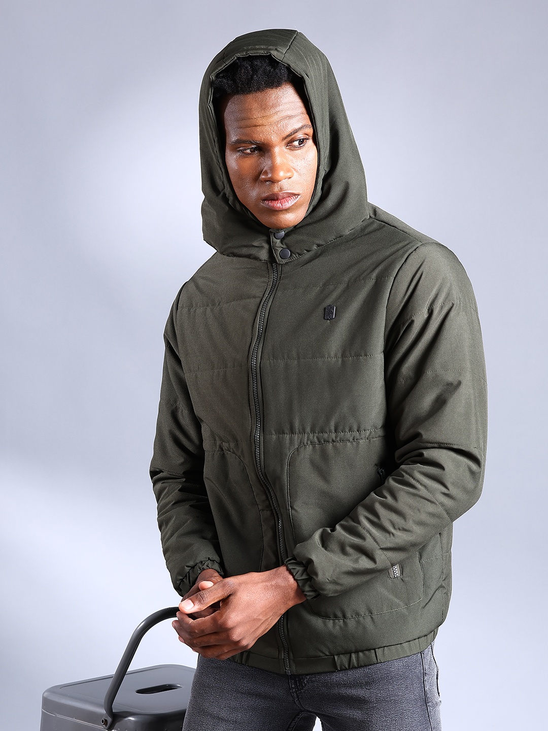 

The Indian Garage Co Men Zip-Front Bomber Jacket with Detachable Hood, Olive