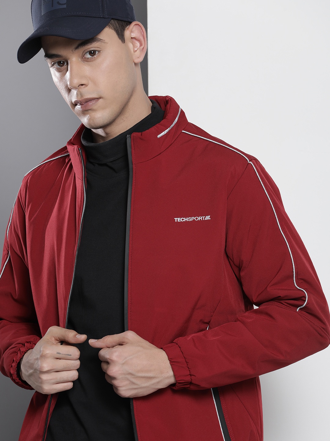 

The Indian Garage Co Men Zip-Front Bomber Jacket with Zipper Pockets, Maroon