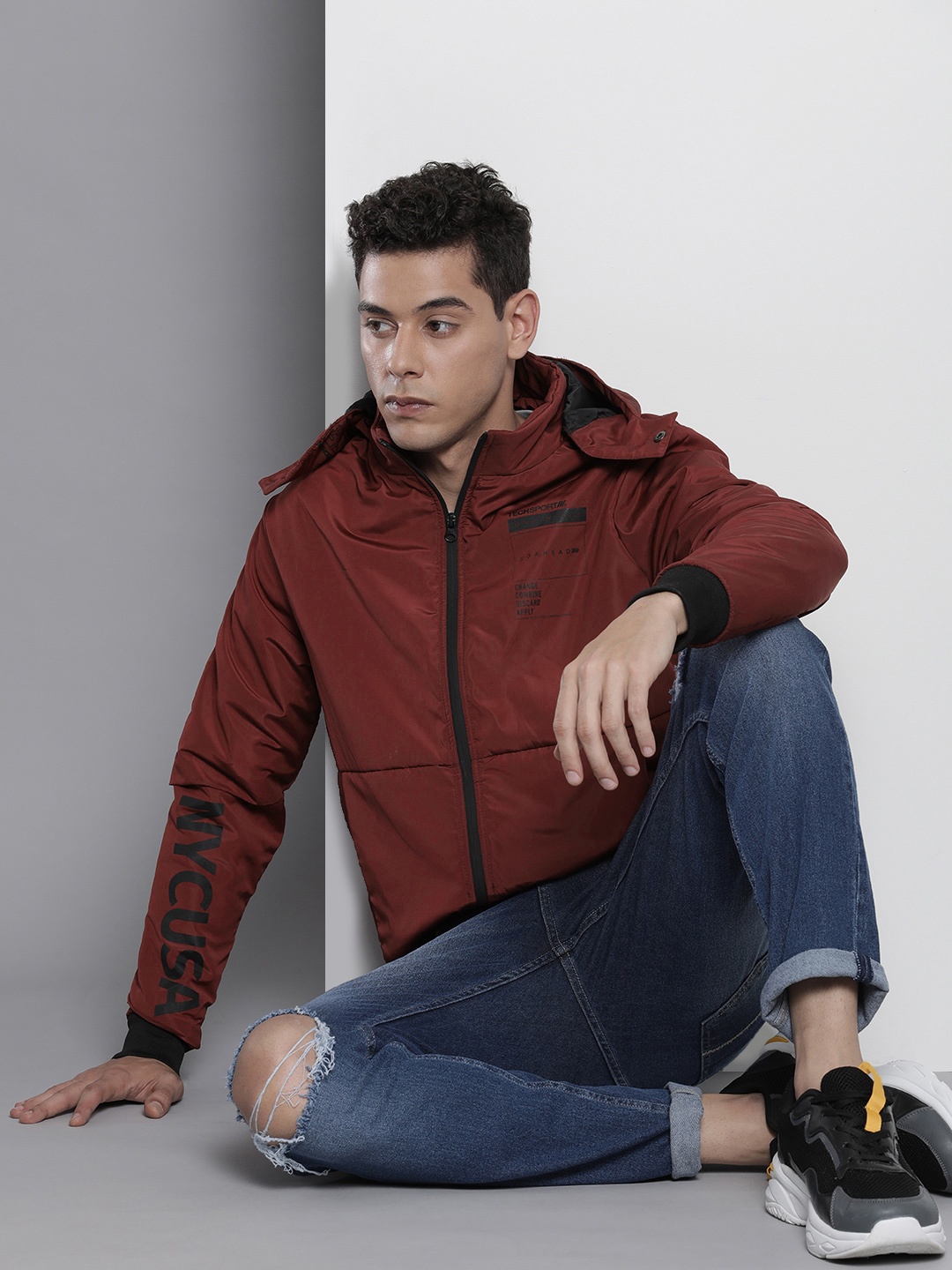 

The Indian Garage Co Men Zip-Front Bomber Jacket with Detachable Hood, Maroon