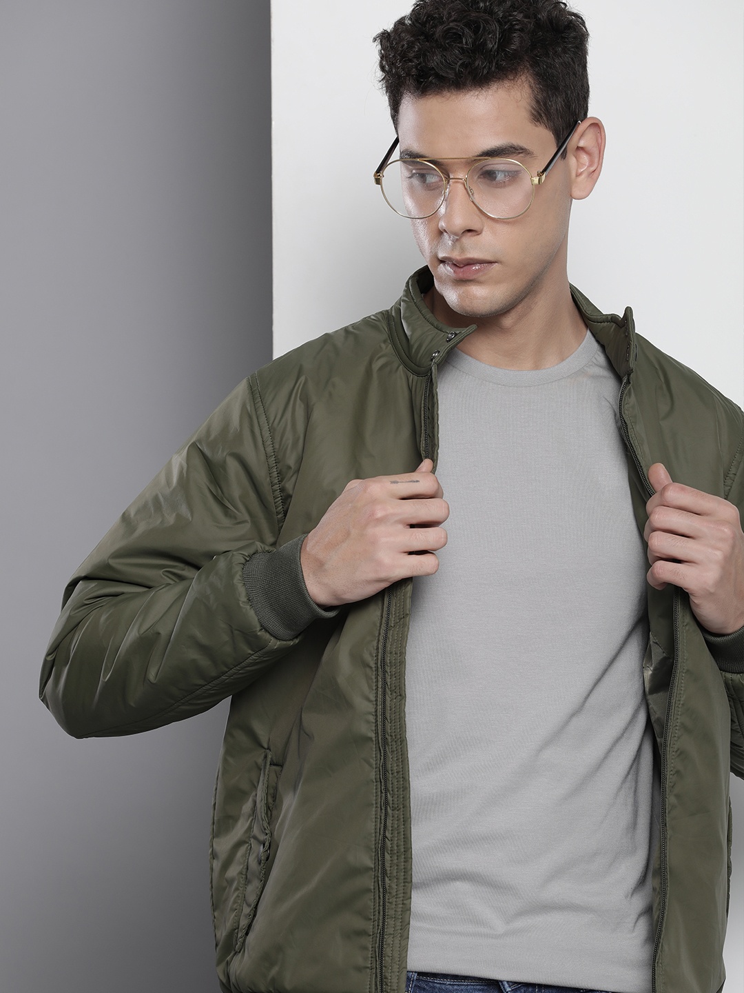 

The Indian Garage Co Men Zip-Front Bomber Jacket with Slip Pockets, Olive