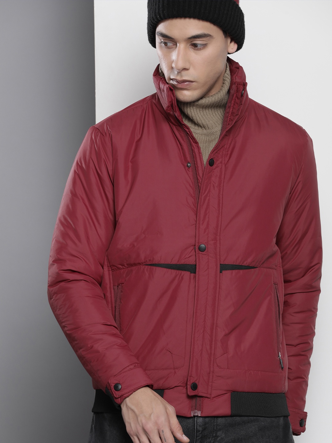 

The Indian Garage Co Men Zip-Front Bomber Jacket with Zip Pockets, Maroon