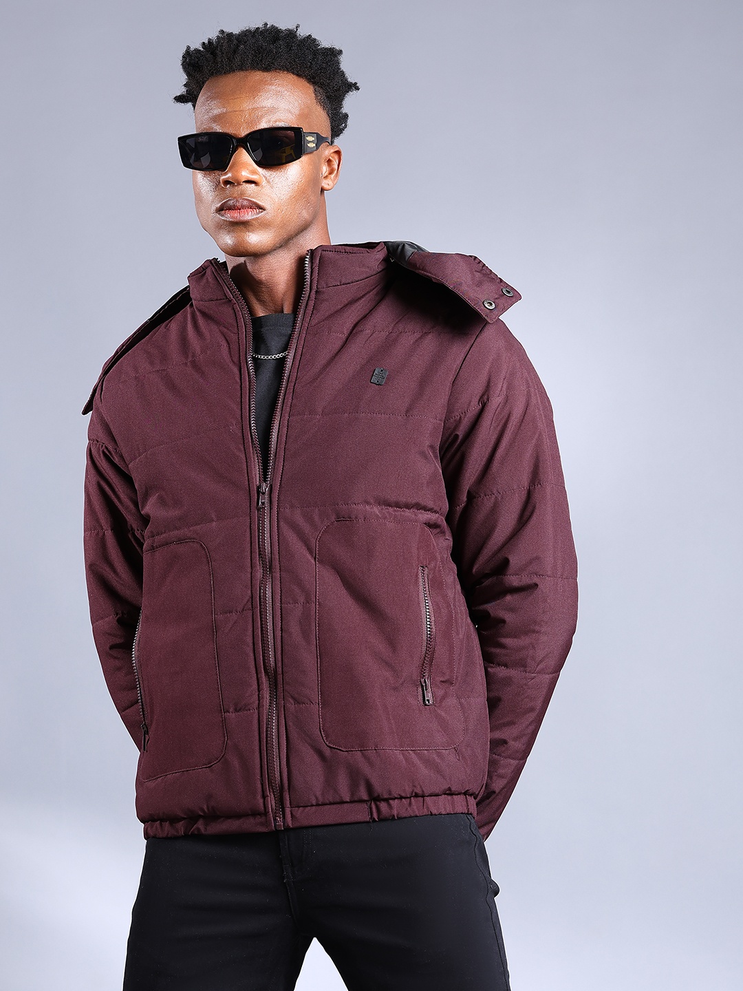 

The Indian Garage Co Men Zip-Front Bomber Jacket with Detachable Hood, Maroon