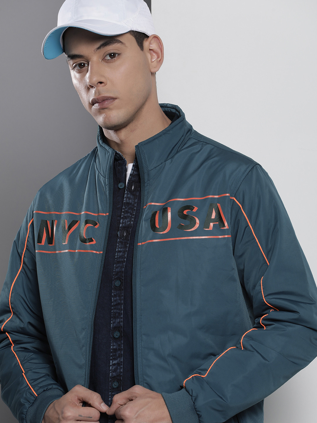 

The Indian Garage Co Men Typographic Print Zip-Front Biker Jacket, Teal