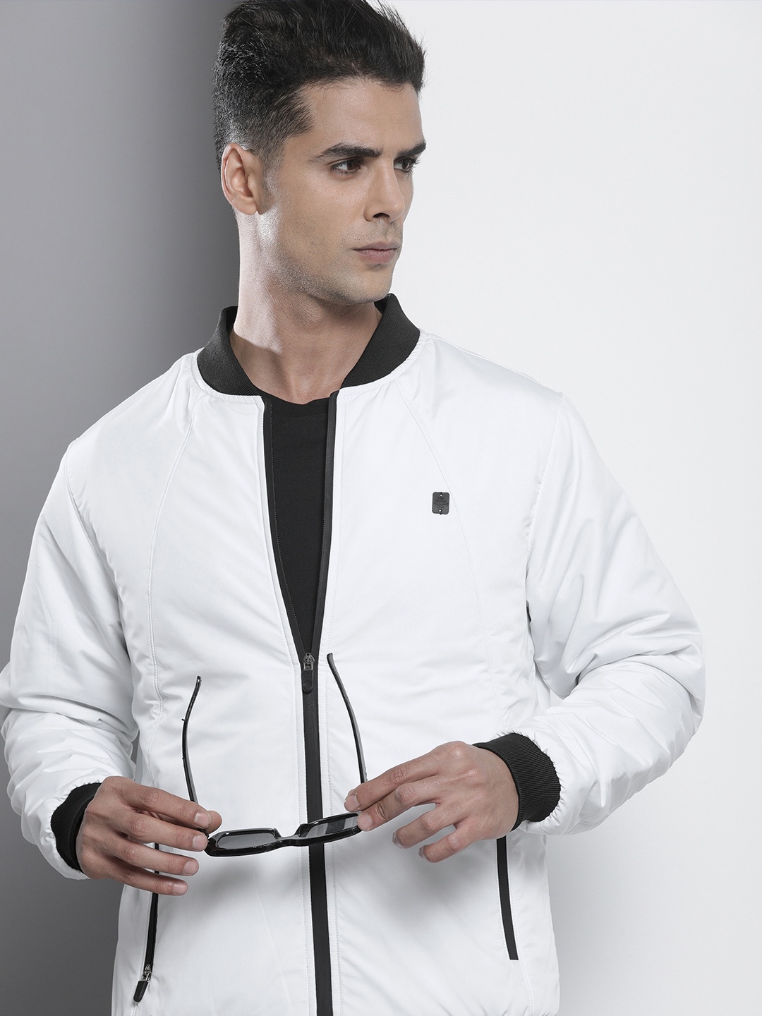

The Indian Garage Co Men Slim Fit Zip-Front Bomber Jacket with Zip Pockets, White