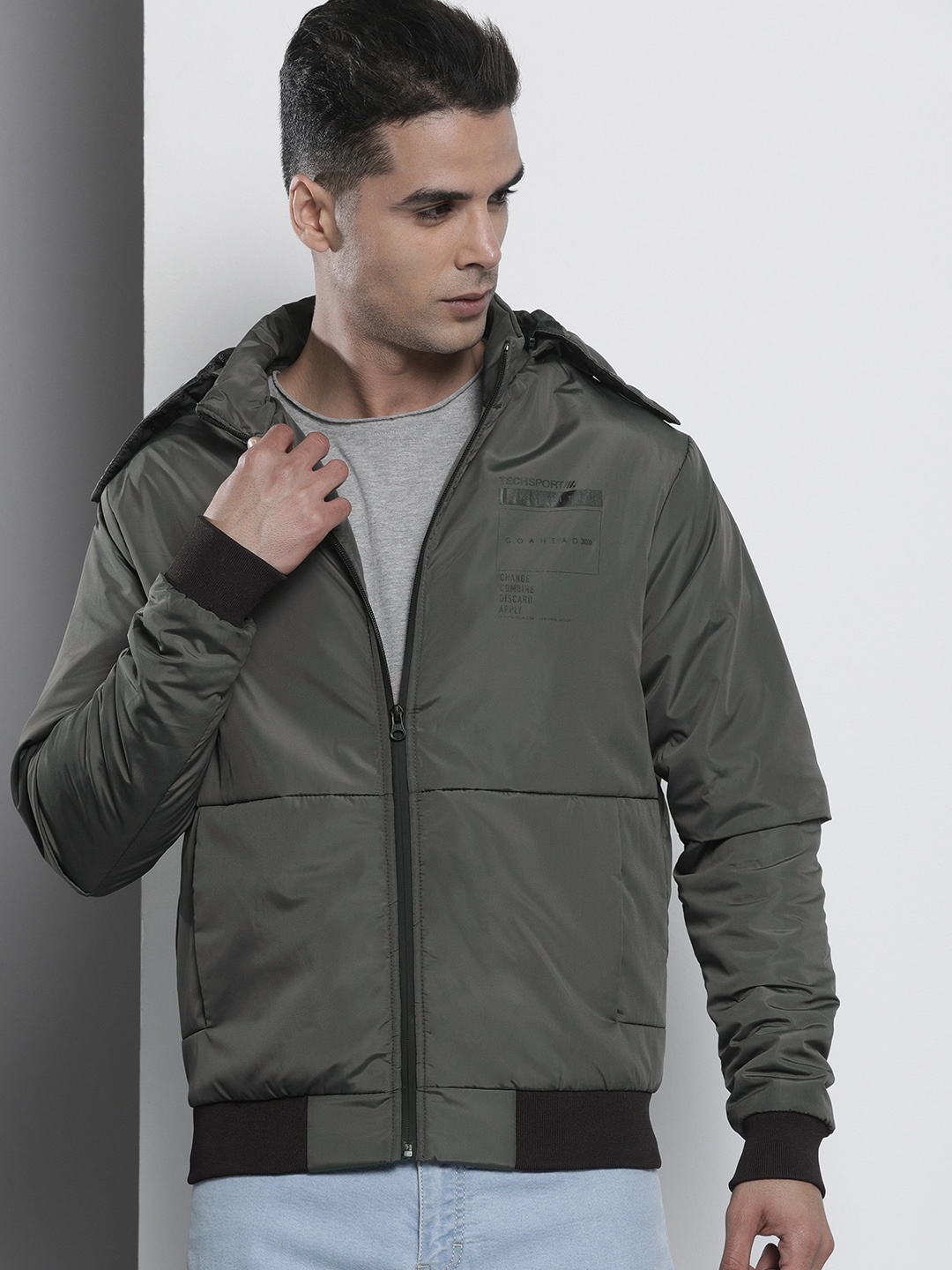 

The Indian Garage Co Men Zip-Front Bomber Jacket with Detachable Hood, Grey