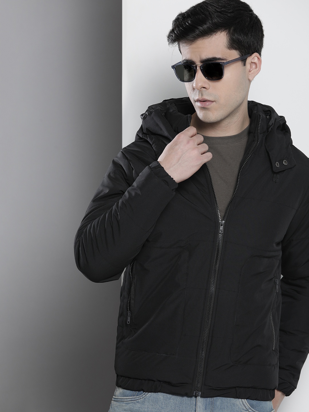 

The Indian Garage Co Men Zip-Front Bomber Jacket with Detachable Hood, Black