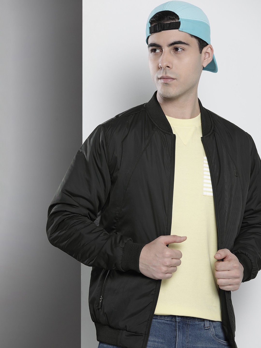 

The Indian Garage Co Men Slim Fit Zip-Front Bomber Jacket with Zip Pockets, Black