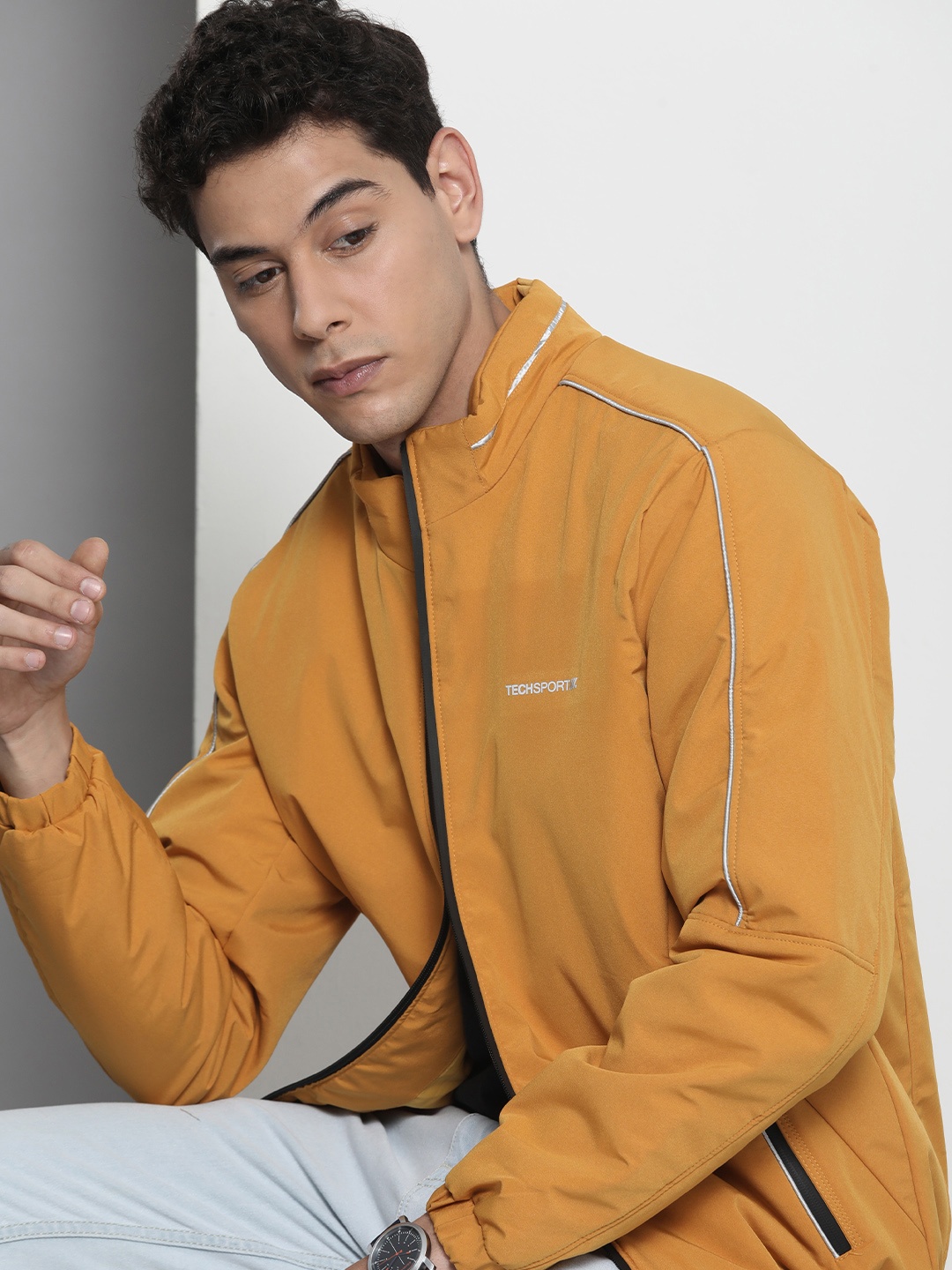 The Indian Garage Co Men Zip-Front Bomber Jacket with Zipper Pockets, Yellow