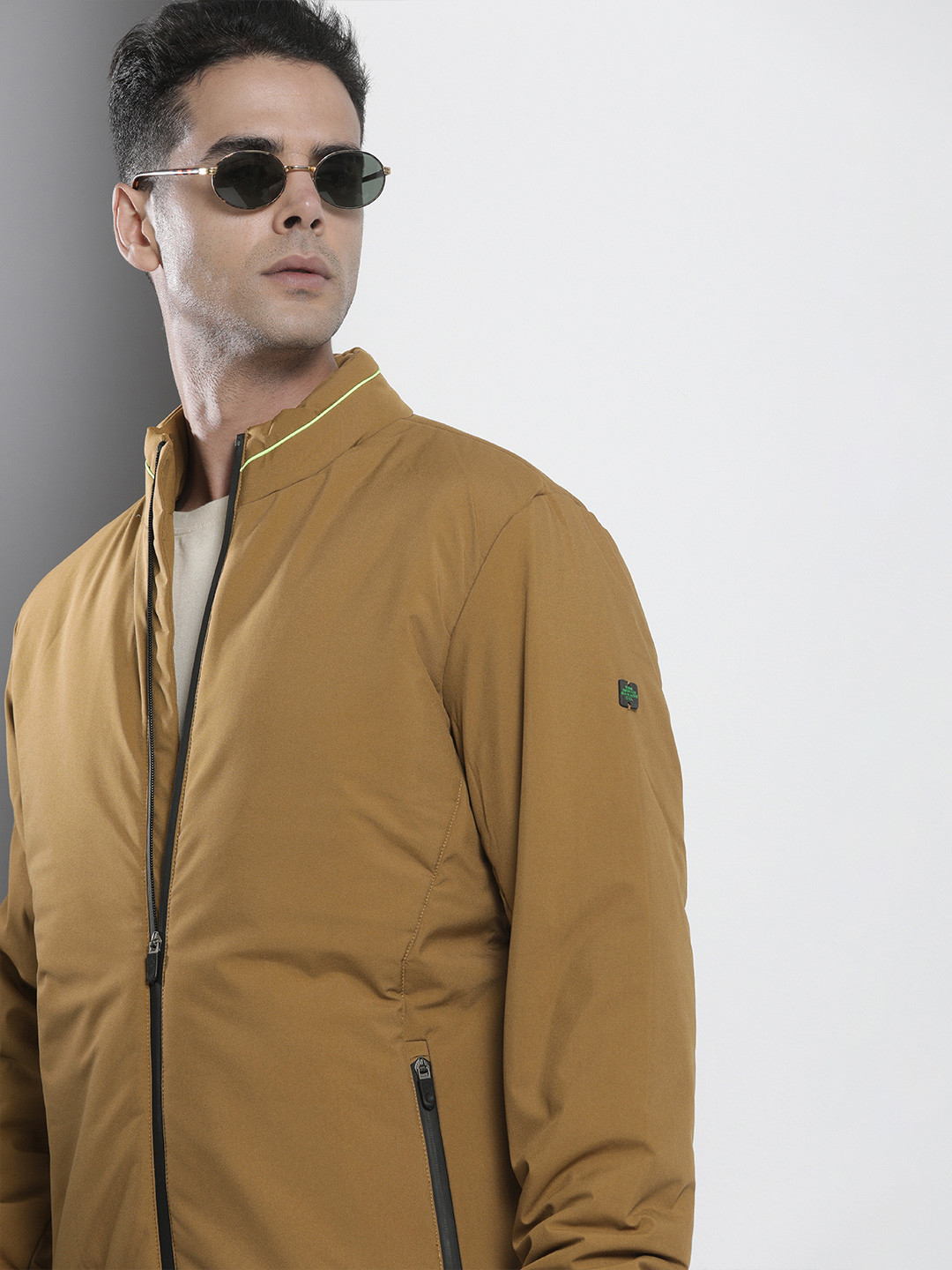 

The Indian Garage Co Men Solid Zip-Front Bomber Jacket, Khaki