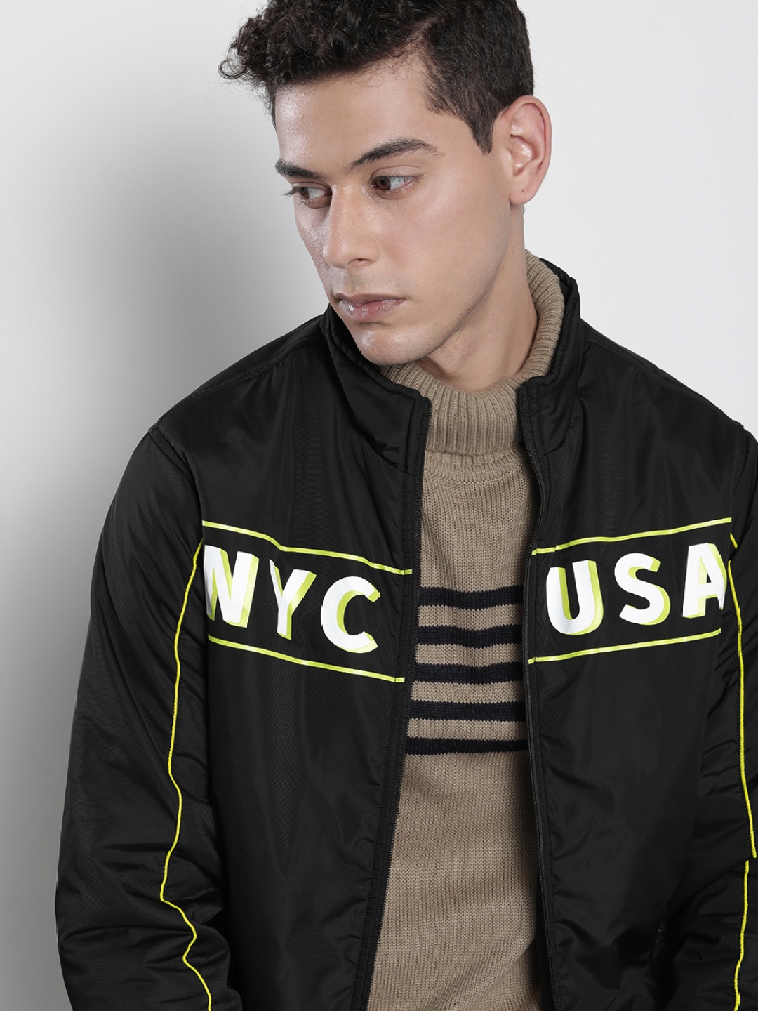 

The Indian Garage Co Men Typographic Print Zip-Front Biker Jacket, Black