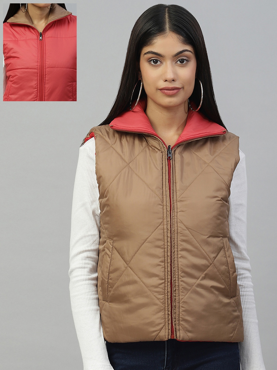 

Pierre Carlo Women Red Beige Reversible Quilted Jacket