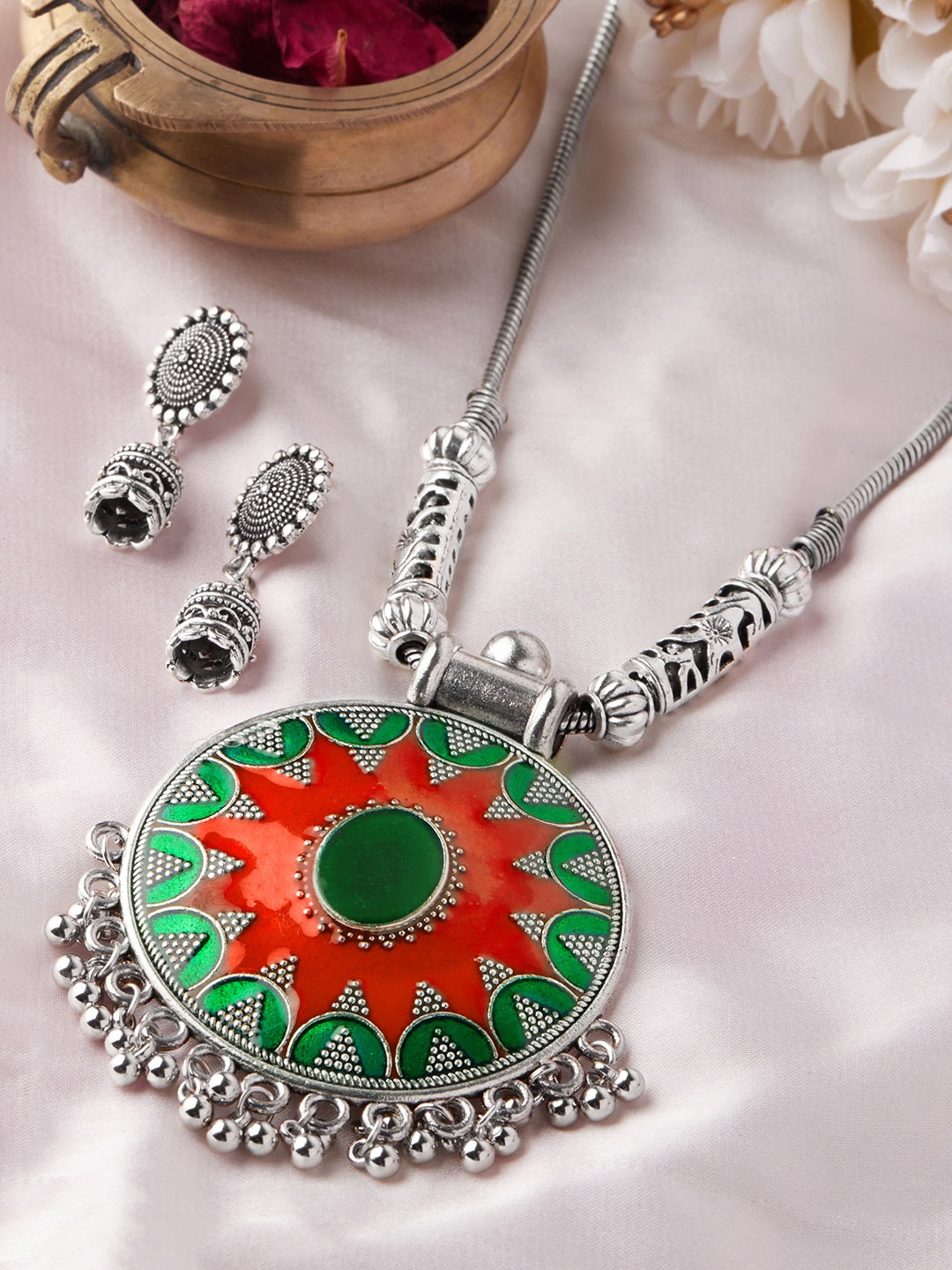 

Anouk Silver-Plated Orange & Green Enamel Pendant Jewellery Set