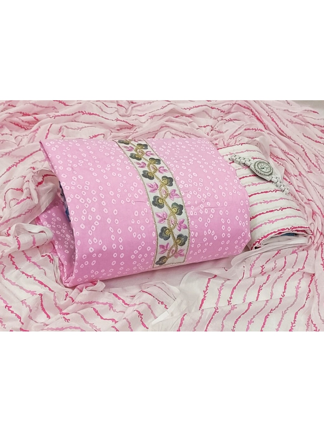 

SALWAR STUDIO Pink & White Printed Embroidered Pure Cotton Unstitched Dress Material