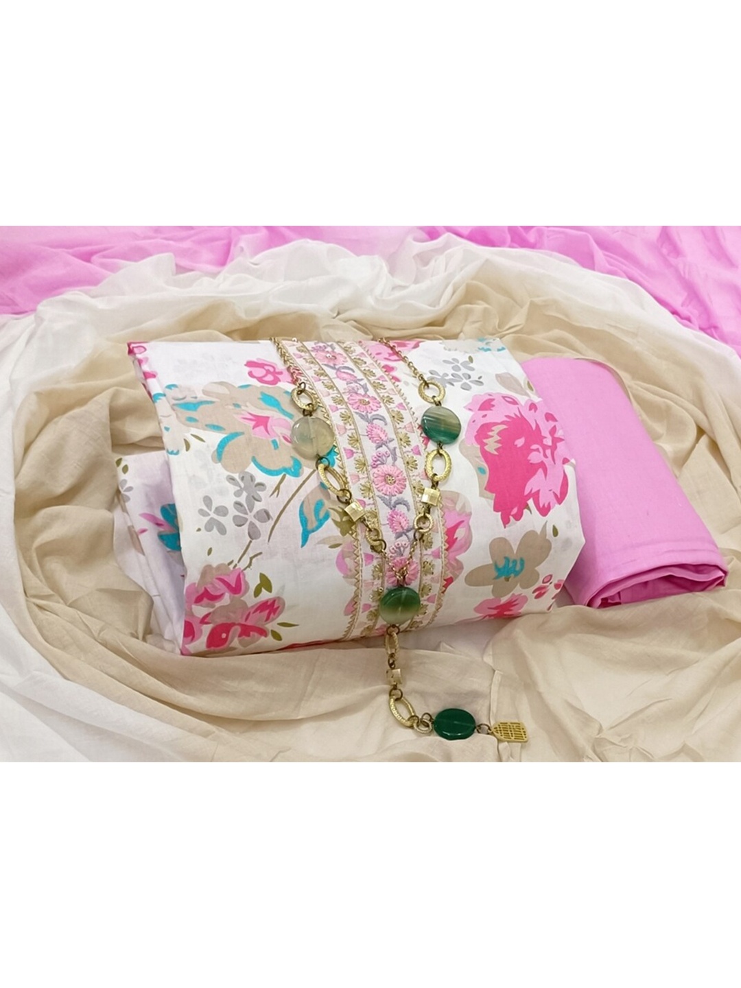 

SALWAR STUDIO Women White & Pink Printed Pure Cotton Unstitched Dress Material