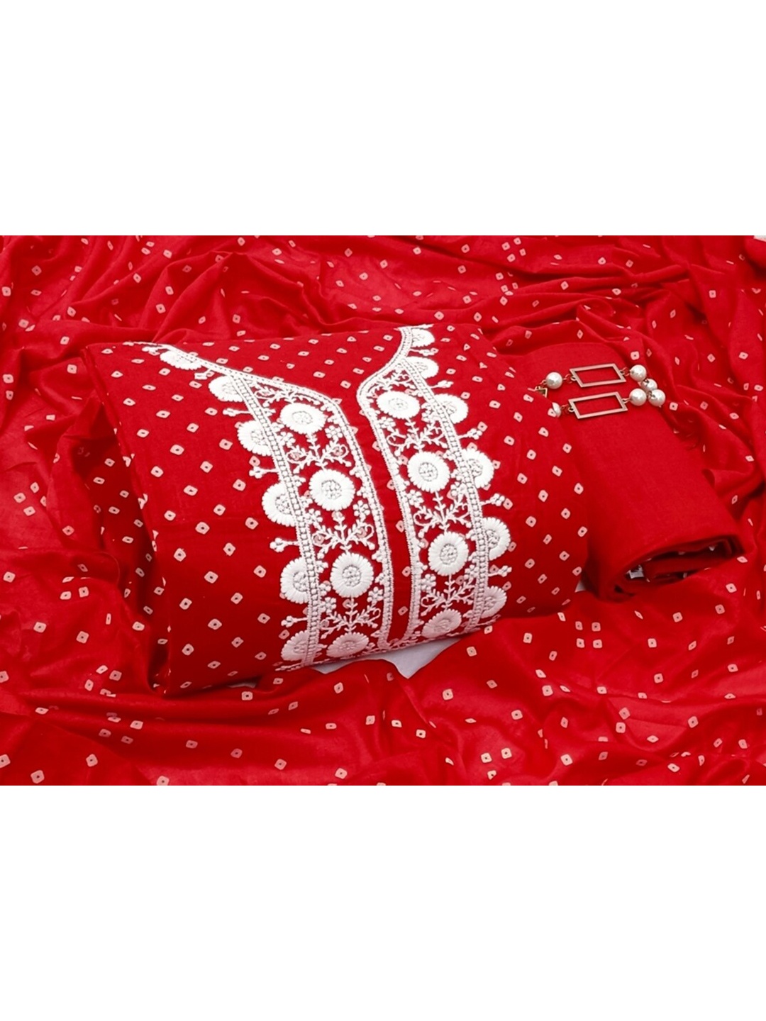 

SALWAR STUDIO Women Red & White Printed Pure Cotton Unstitched Dress Material