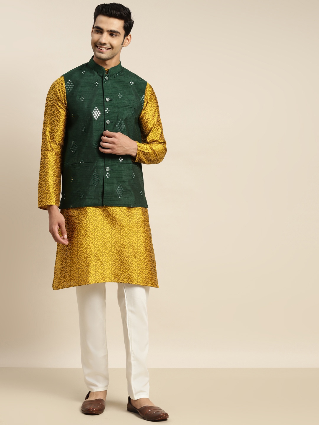 

SOJANYA Men Mustard Yellow Floral Mirror Work Kurta with Churidar & Nehru Jacket