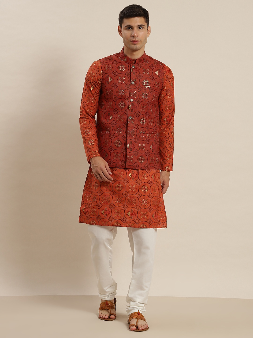 

SOJANYA Men Orange Printed Kurta with Pyjamas & Nehru Jacket