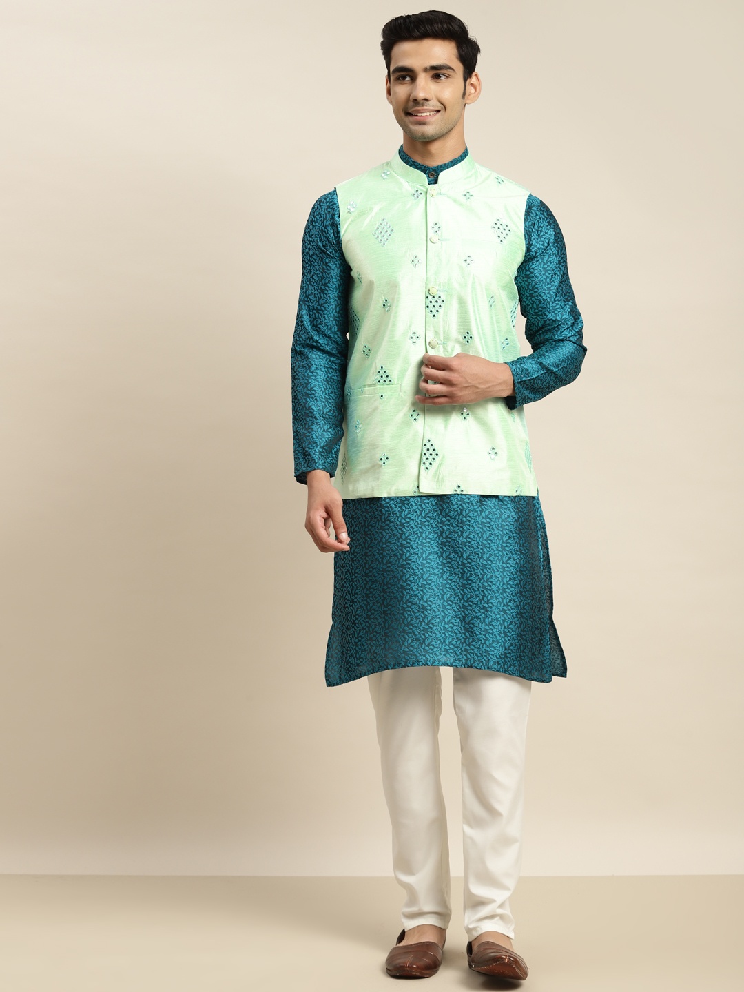 

SOJANYA Men Blue Floral Mirror Work Kurta with Churidar & Nehru Jacket