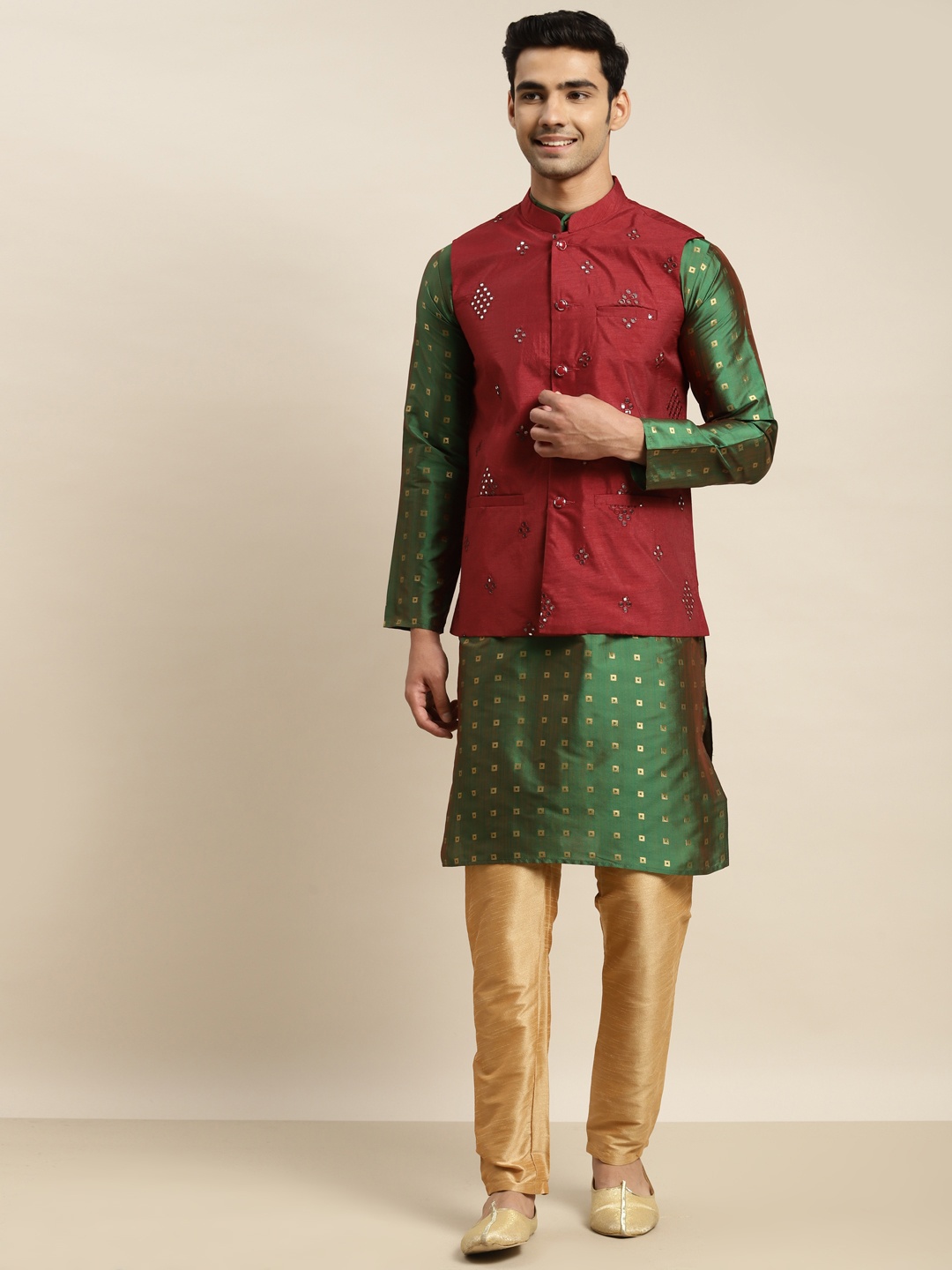 SOJANYA Men Green Mirror Work Kurta with Churidar & Nehru Jacket