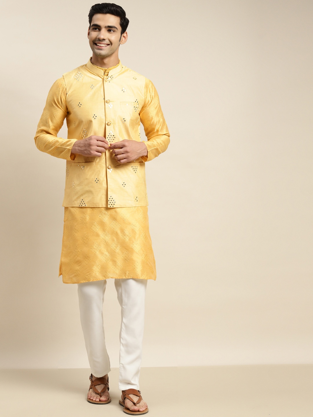 

SOJANYA Men Yellow Mirror Work Kurta with Churidar With Nehru Jacket