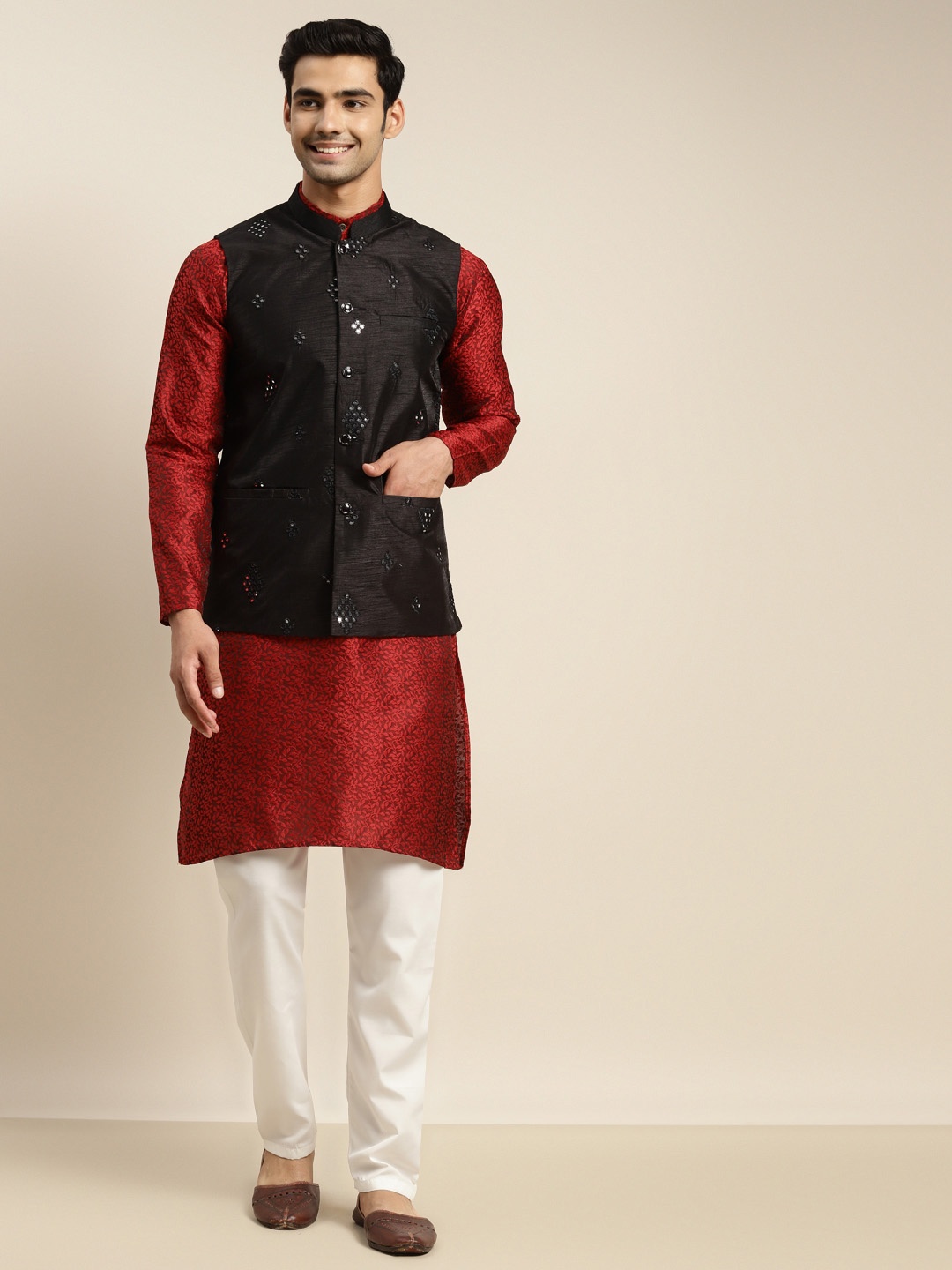 

SOJANYA Men Maroon Floral Mirror Work Kurta with Churidar & Nehru Jacket