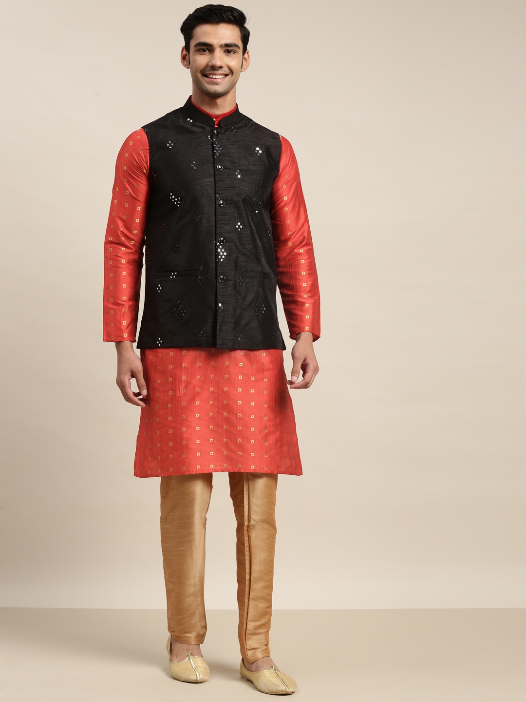 

SOJANYA Men Maroon Embroidered Mirror Work Kurta with Churidar & Nehru Jacket