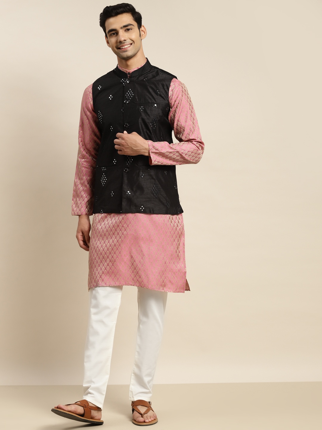 

SOJANYA Men Pink Ethnic Motifs Mirror Work Kurta with Churidar & Nehru Jacket