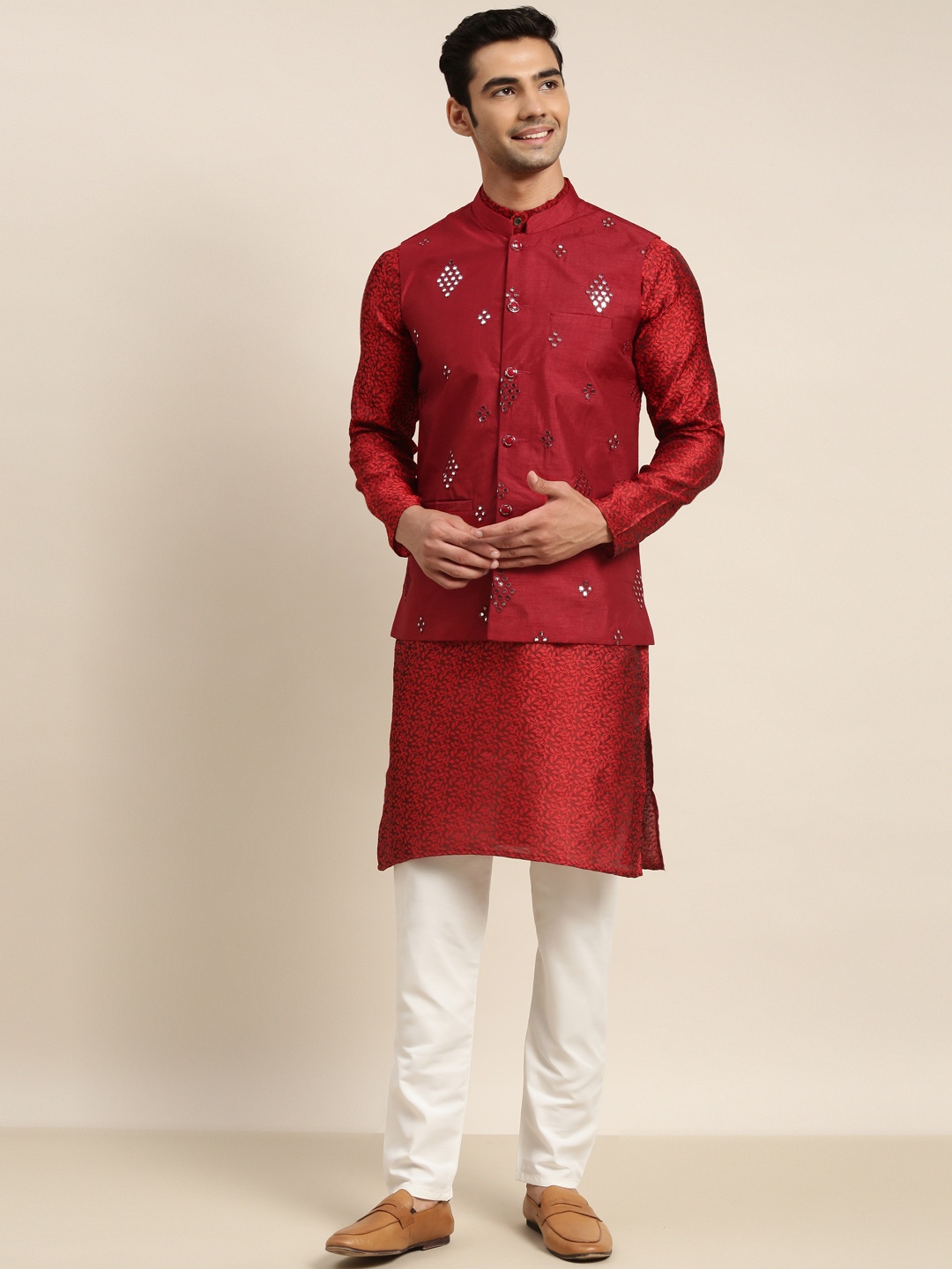 

SOJANYA Men Maroon Floral Mirror Work Kurta with Churidar & Nehru Jacket