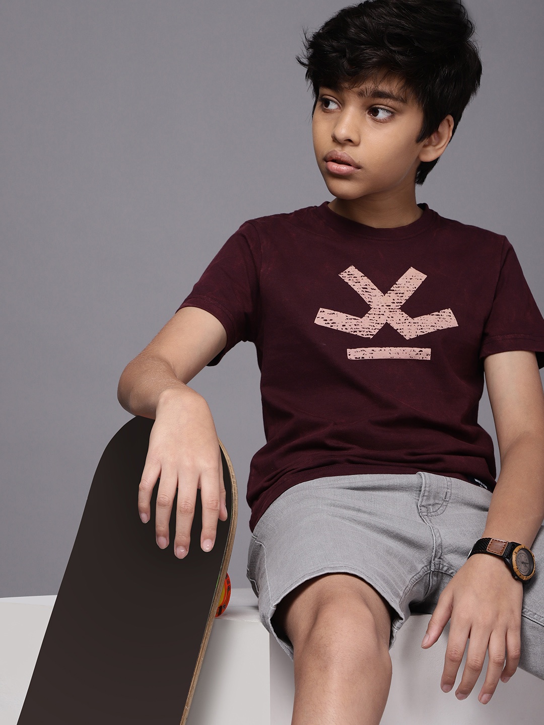 

WROGN YOUTH Boys Burgundy Brand Logo Printed Pure Cotton T-shirt