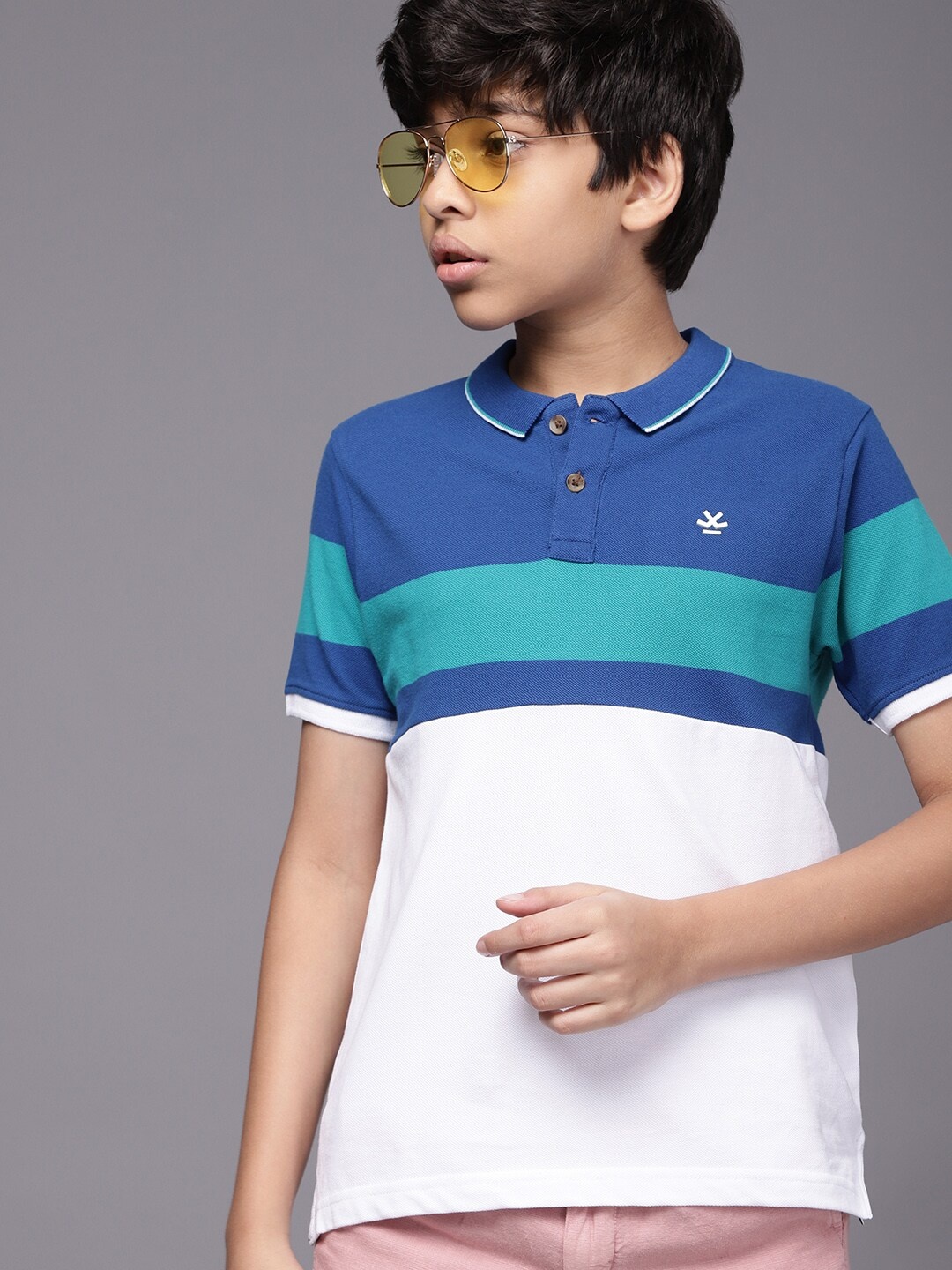 

WROGN YOUTH Boys White & Blue Colourblocked Pure Cotton Polo Collar T-shirt