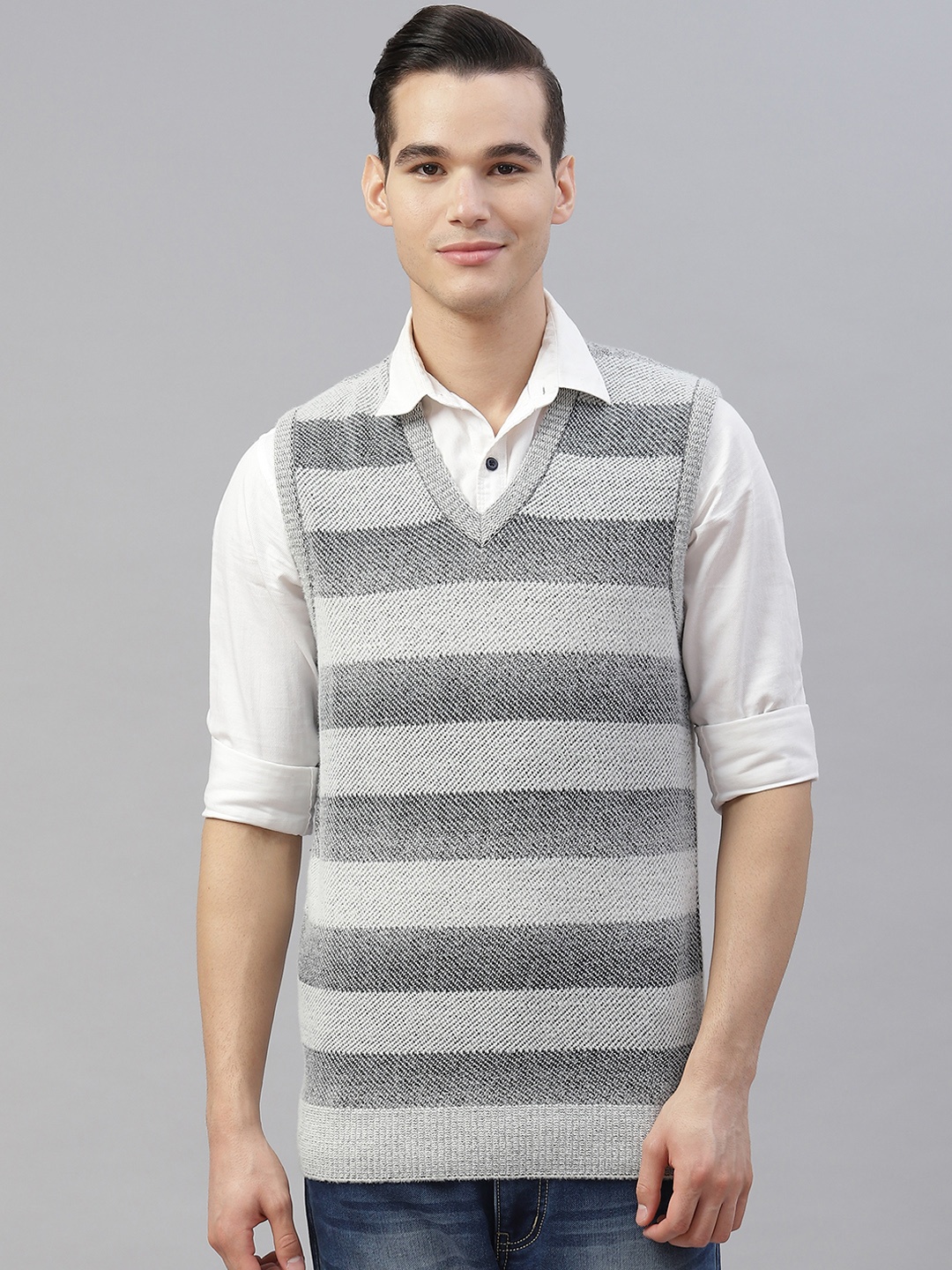 

Pierre Carlo Men Grey Striped Sweater Vest