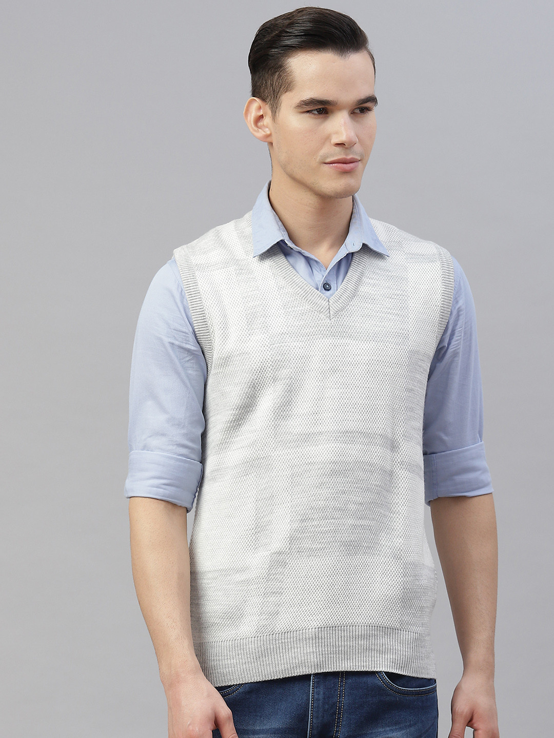 

Pierre Carlo Men Off White & Grey Striped Sweater Vest