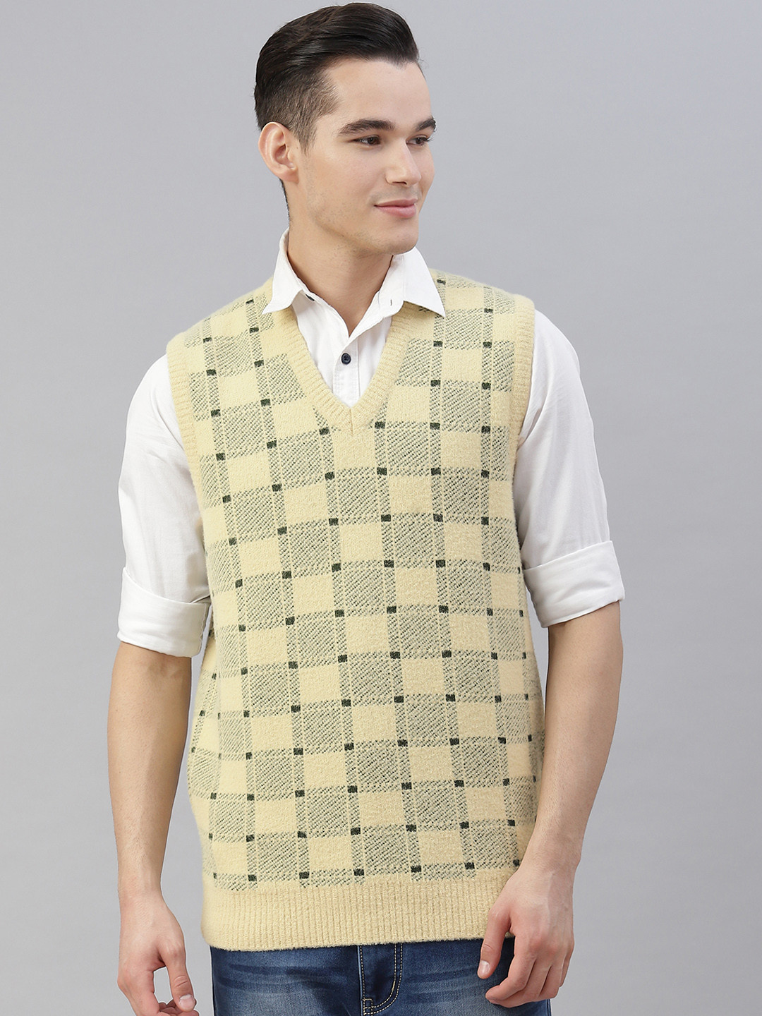 

Pierre Carlo Men Beige & Black Checked Sweater Vest
