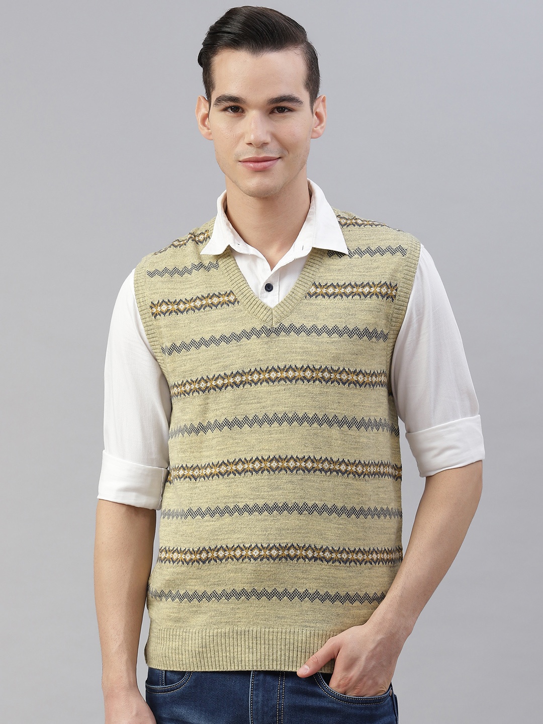 

Pierre Carlo Men Beige & Yellow Striped Sweater Vest