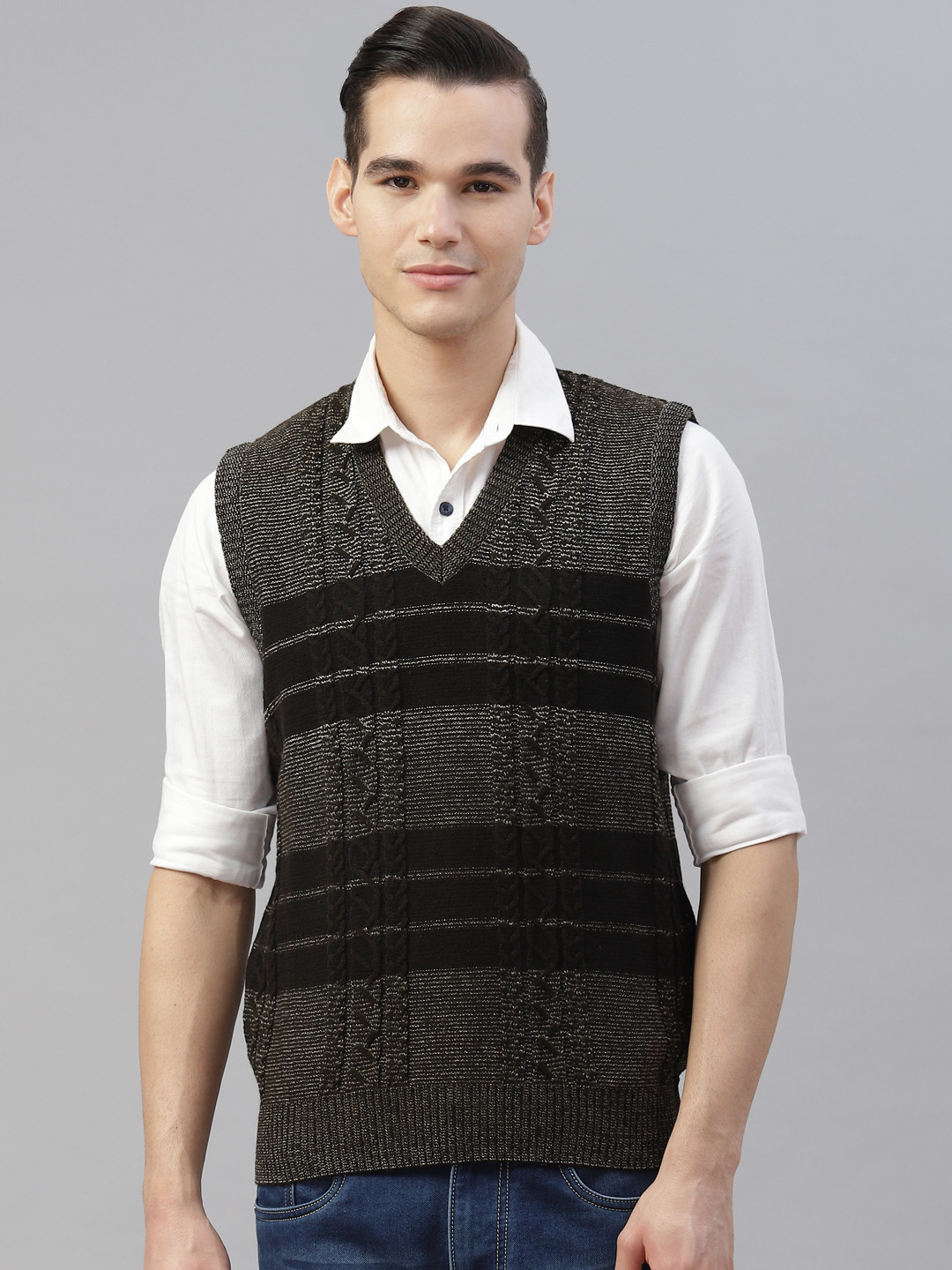 

Pierre Carlo Men Black & White Cable Knit Sweater Vest