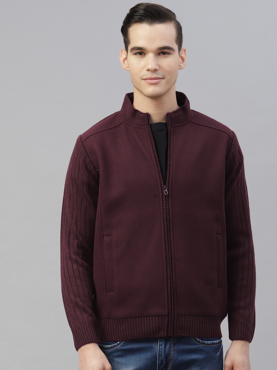 

Pierre Carlo Men Burgundy Open Front Jacket with Zip Detail