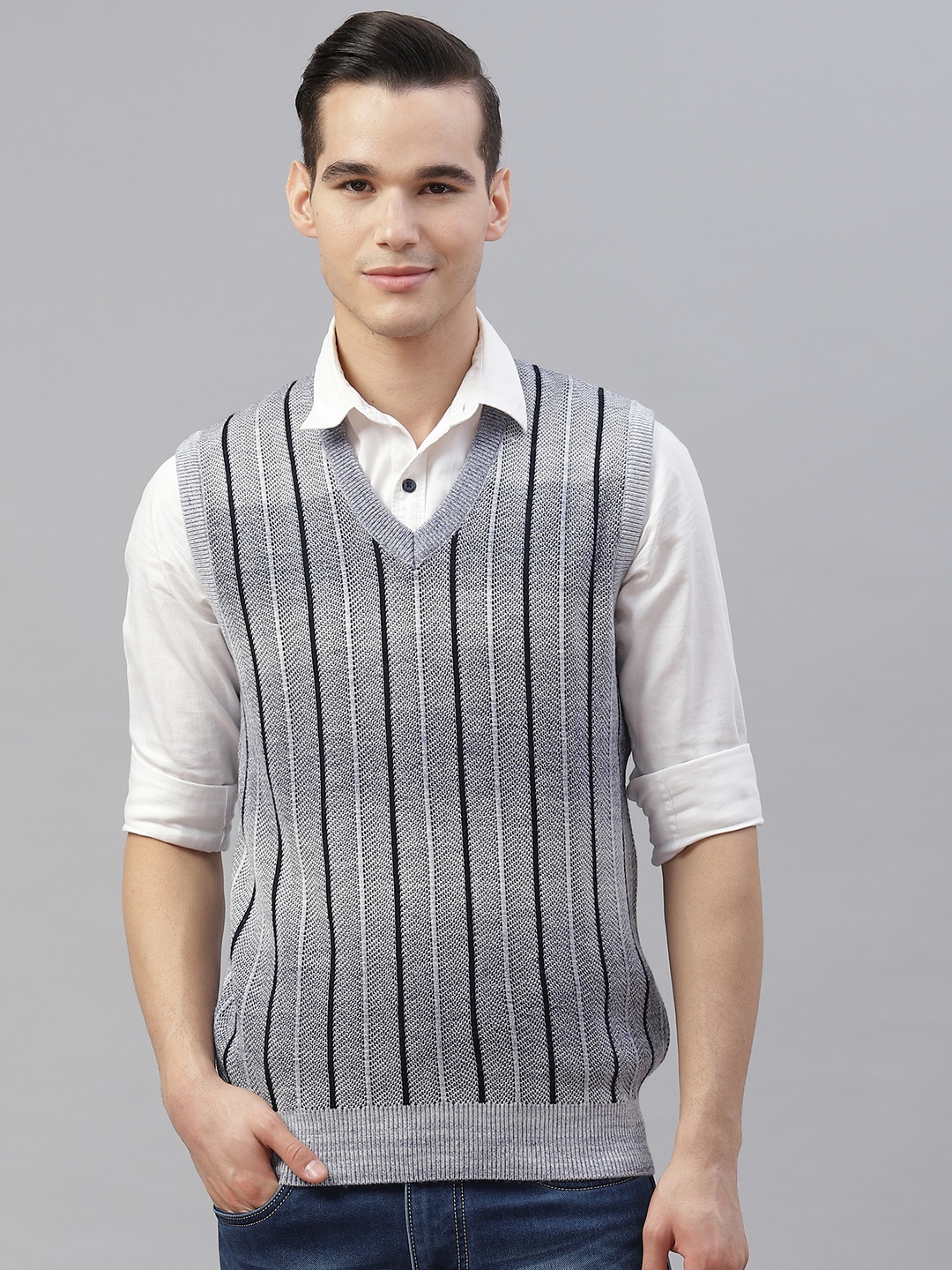 

Pierre Carlo Men Grey & Navy Blue Striped Sweater Vest