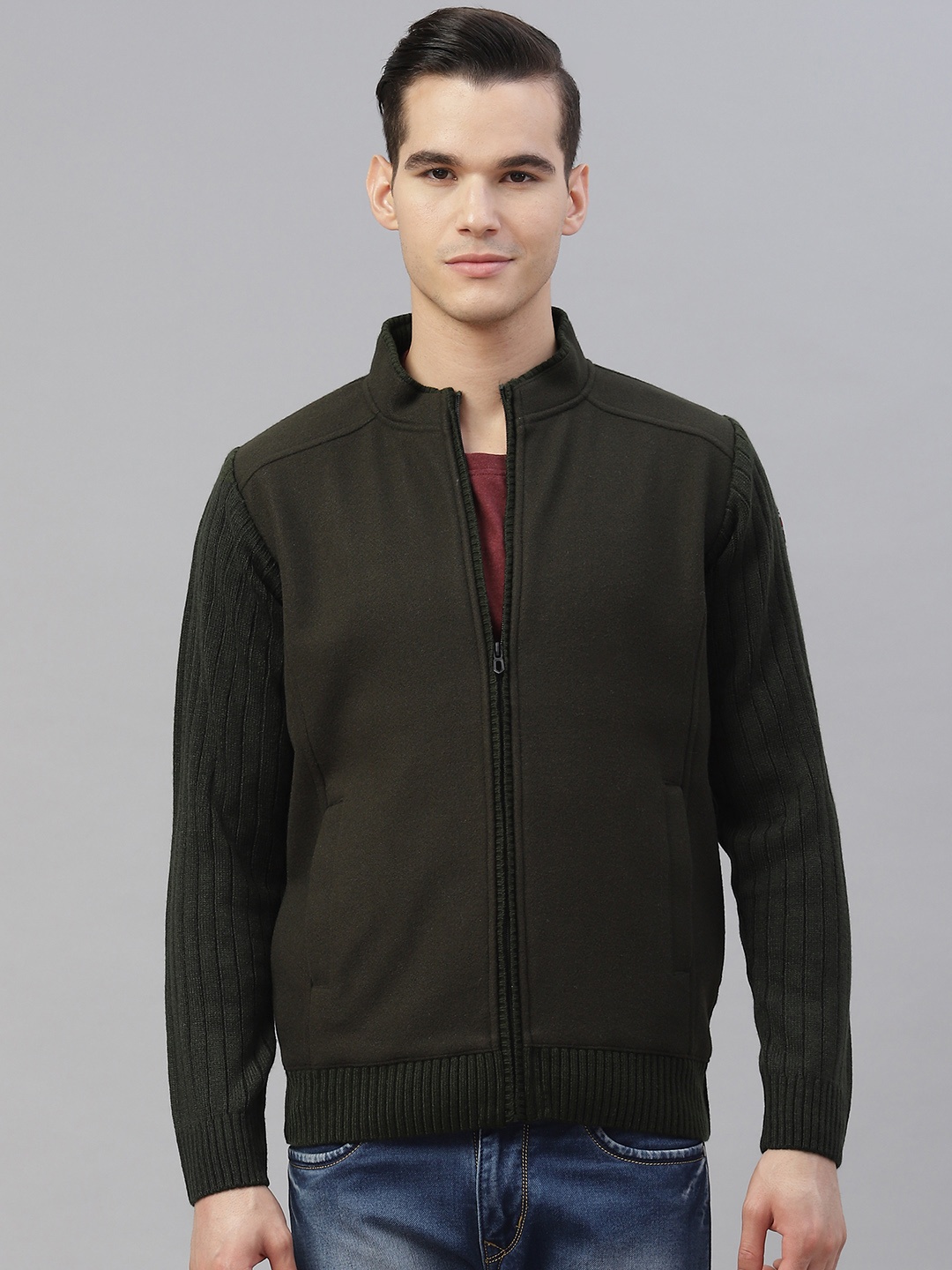 

Pierre Carlo Men Olive Green Open Front Jacket with Zip Detail