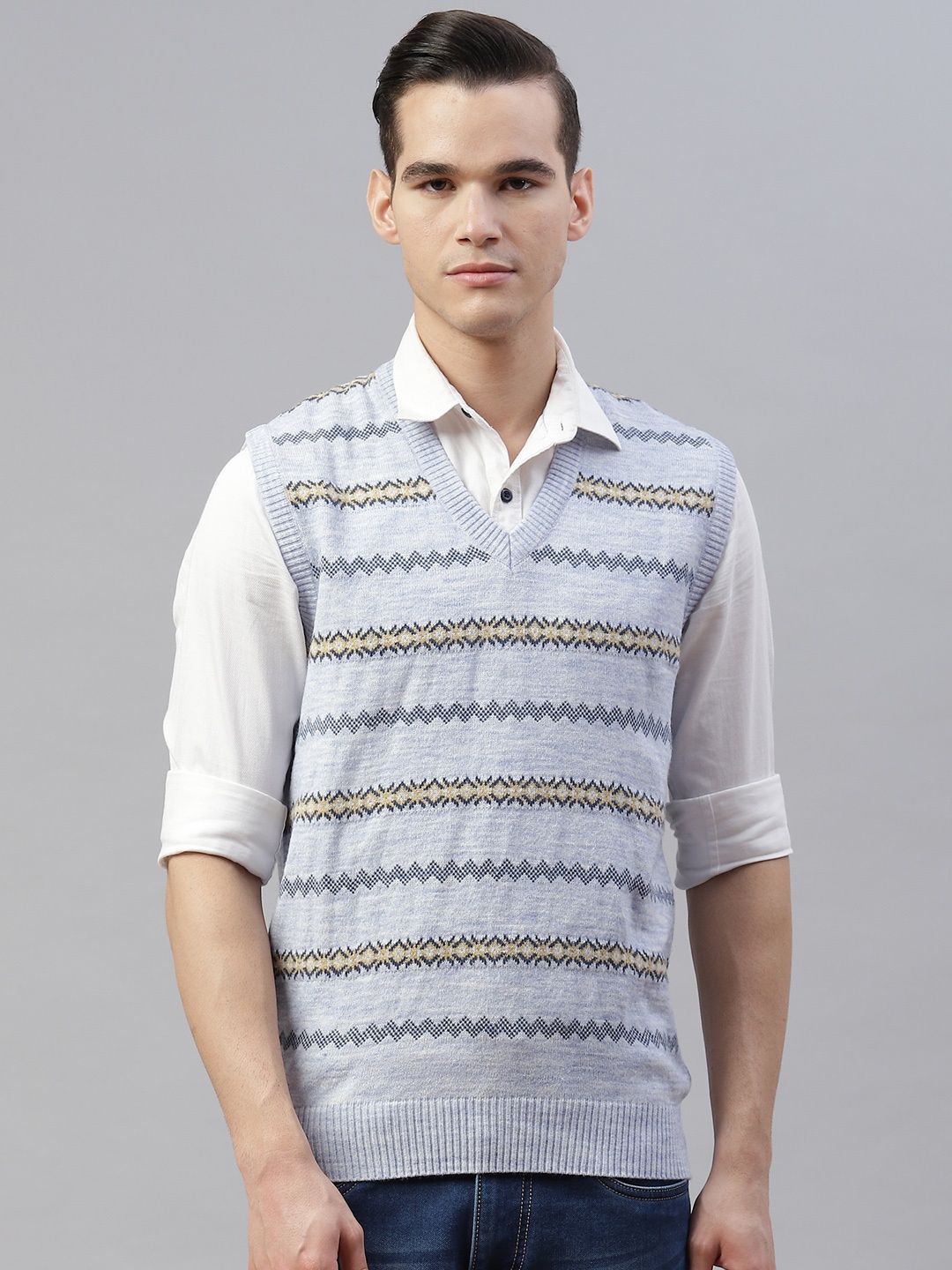 

Pierre Carlo Men Turquoise Blue & Beige Striped Sweater Vest