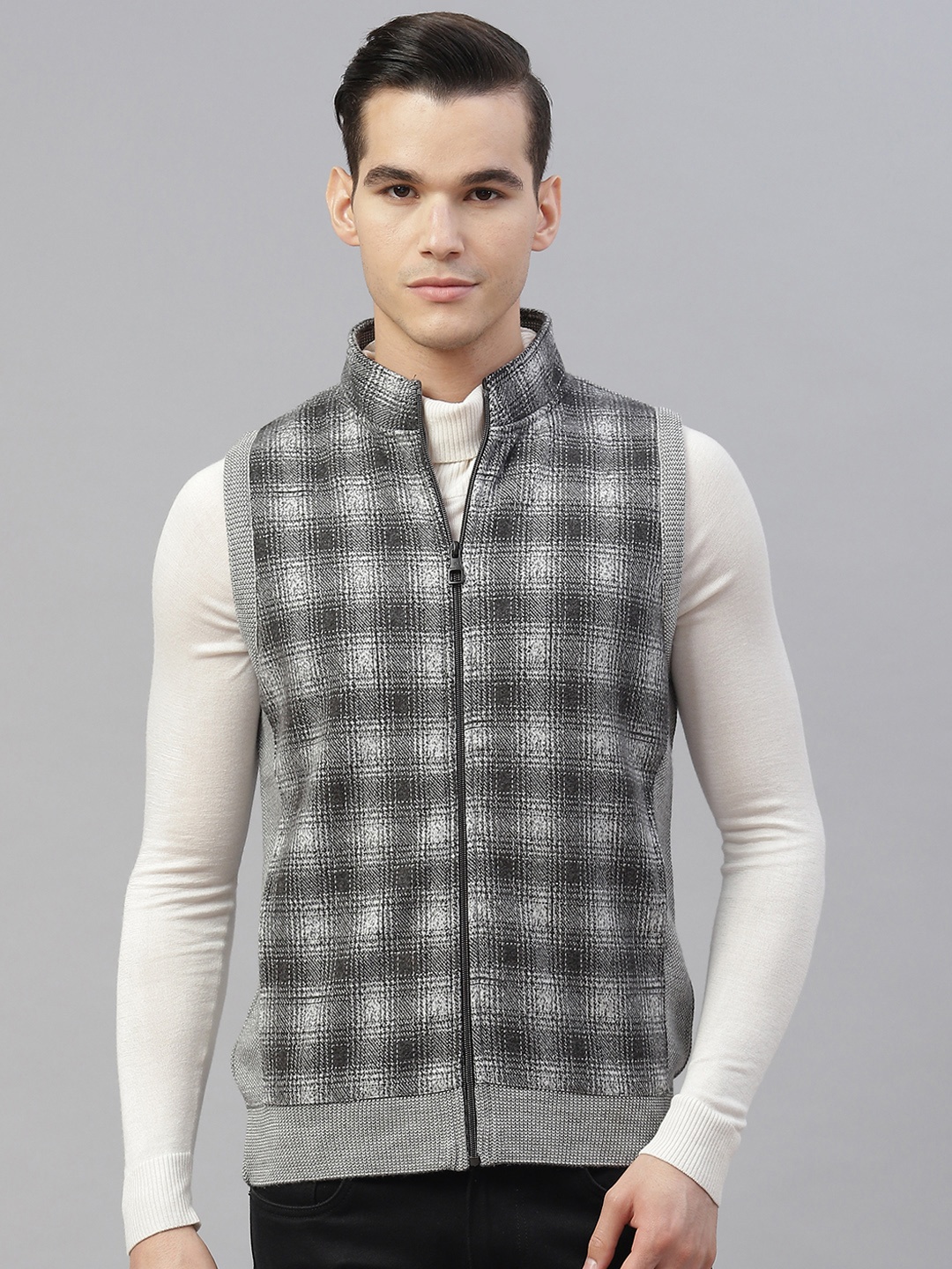 

Pierre Carlo Men Grey Checked Open Front Jacket with Zip Detail