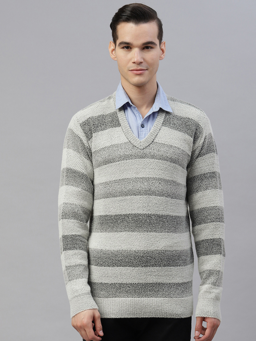 

Pierre Carlo Men Off White & Grey Striped Sweater Vest
