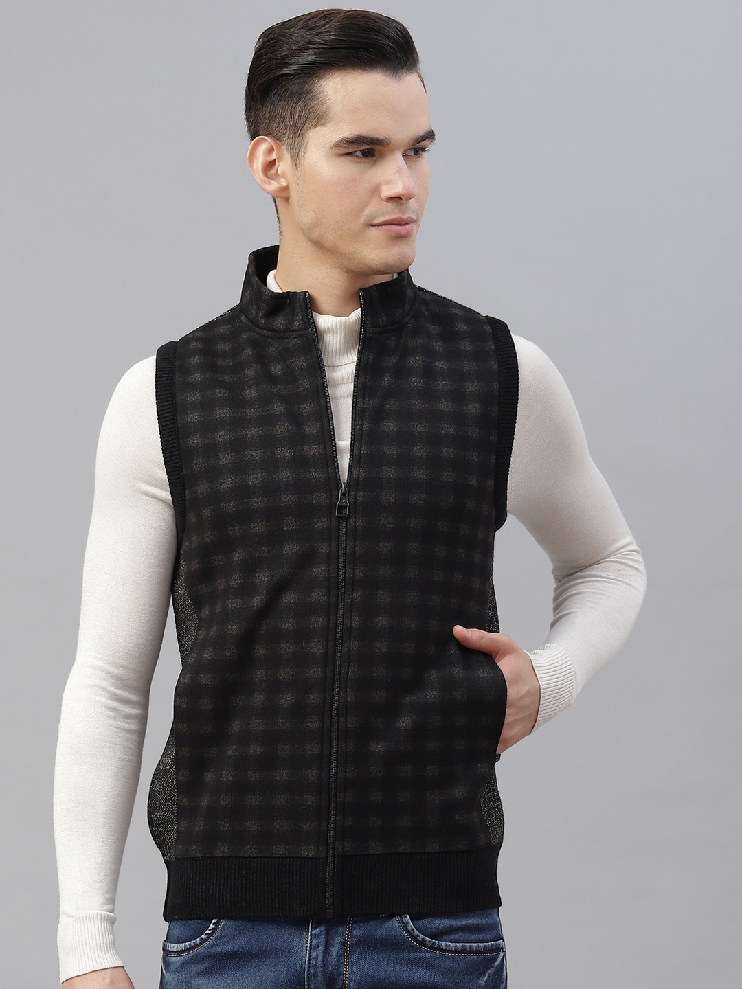 

Pierre Carlo Men Coffee Brown & Black Checked Open Front Jacket with Zip Detail