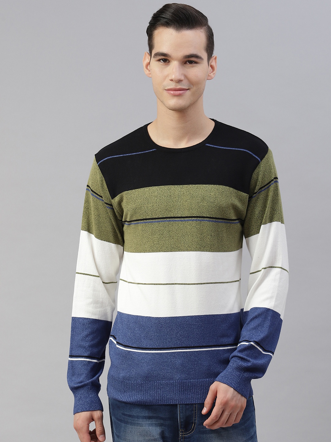 

Pierre Carlo Men Blue & White Colourblocked Pullover